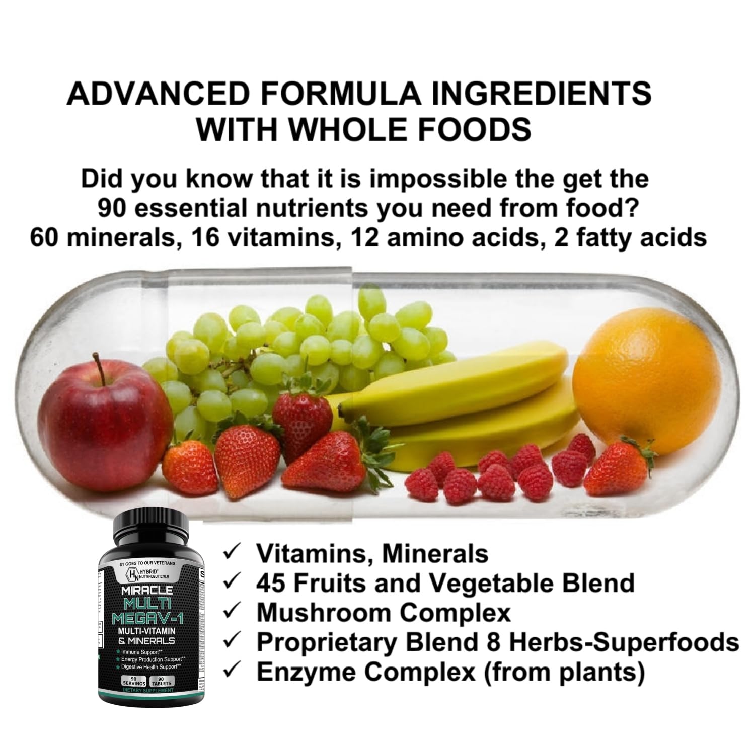 MEGAV-1 Multi-Vitamin, Superfood & Minerals - Daily Multivitamin with Probiotics, Digestive Enzyme, Mushroom Complex for Heart Health, Immune Support, Energy & Stamina - 90 Tablets Hybrid NutraceuticalsAu supplements
