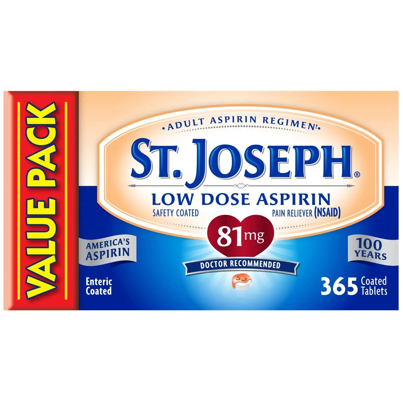 St. Joseph Aspirin Pain Reliever (NSAID) 81mg, Enteric Safety Coated, Adult Low Dose Aspirin, 365 ct St. JosephAu supplements