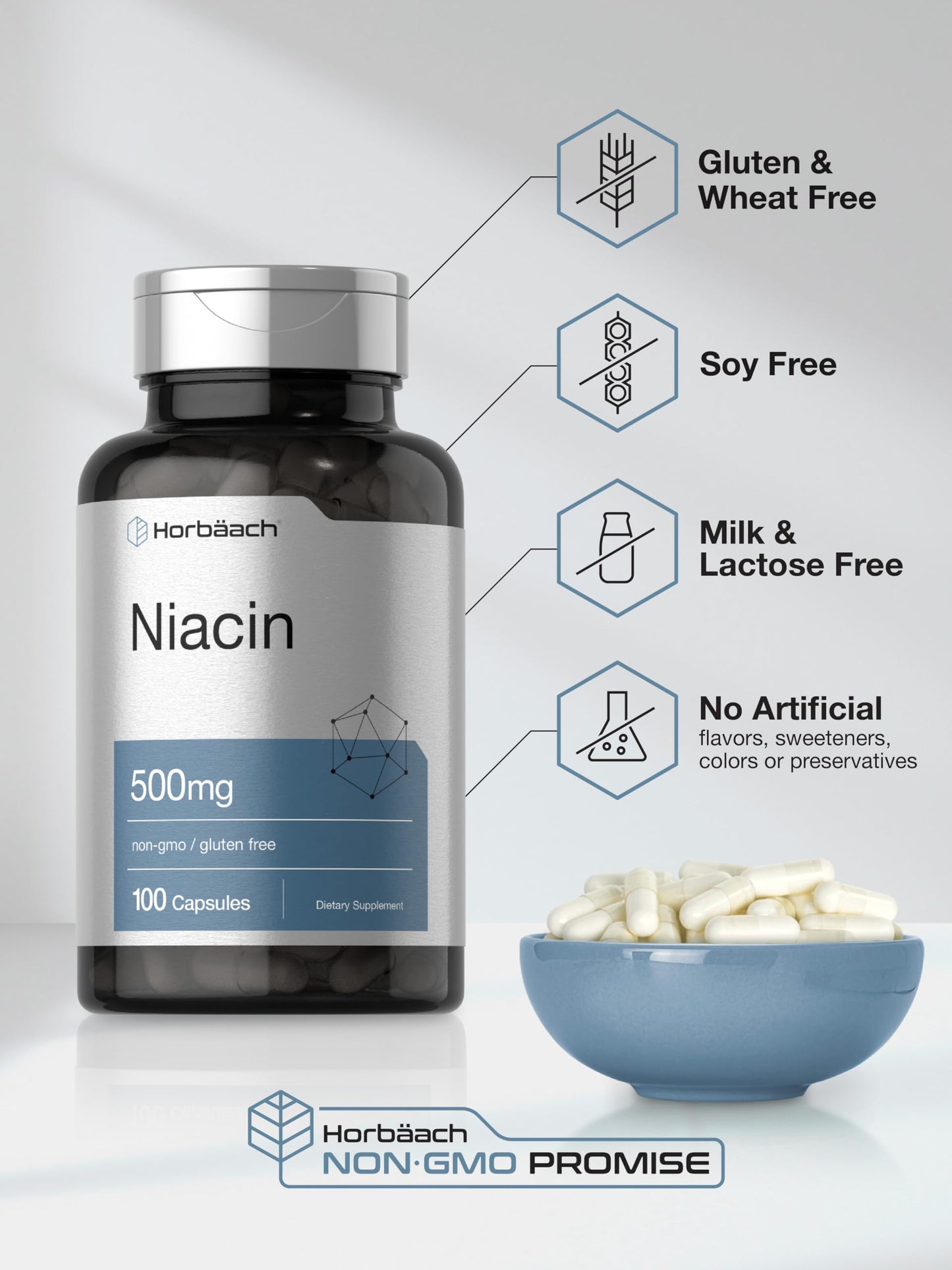 Niacin | Vitamin B3 500mg | 100 Capsules | with Flushing | Non-GMO, and Gluten Free HorbäachUS supplements