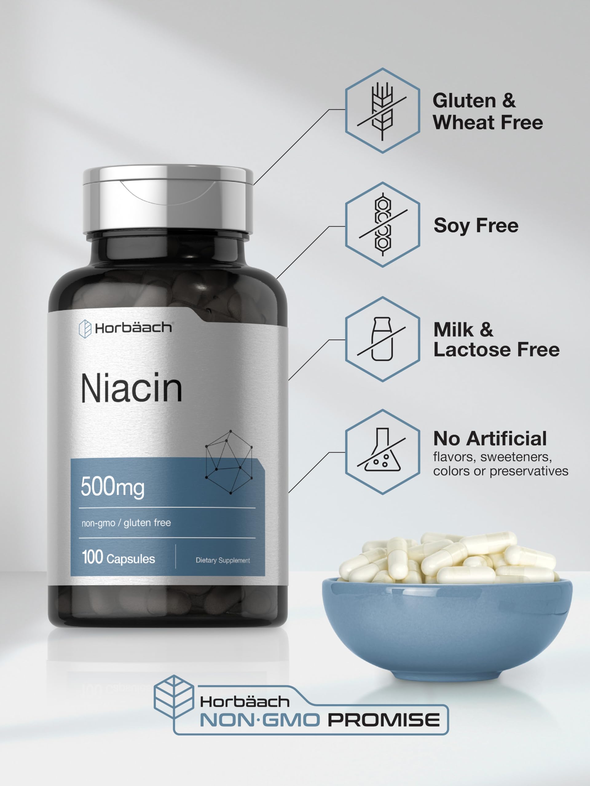 Niacin | Vitamin B3 500mg | 100 Capsules | with Flushing | Non-GMO, and Gluten Free HorbäachUS supplements