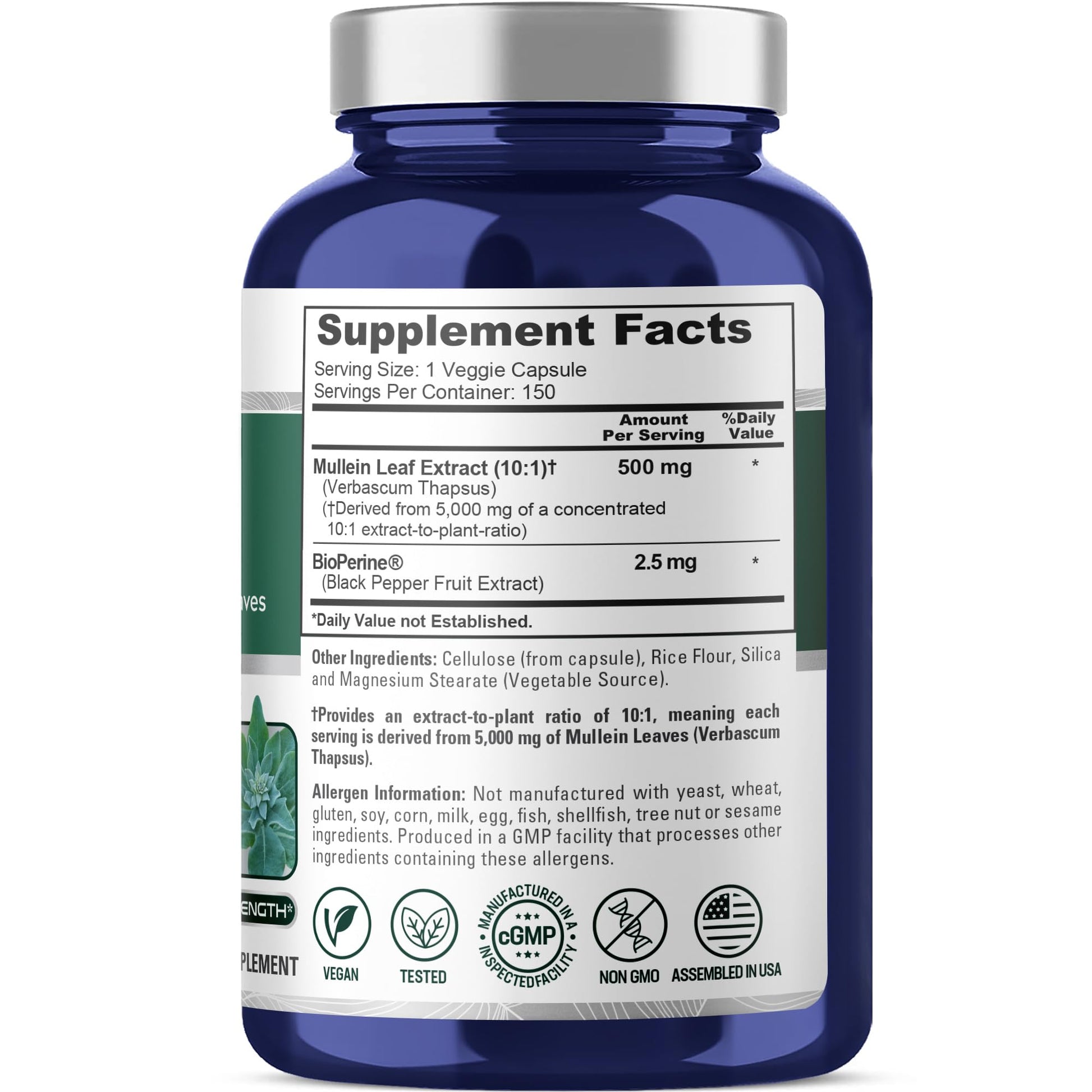 NusaPure Mullein Leaf Capsules 10:1 Extract, 500 mg Equivalent to 5,000 mg per Veggie Caps - 150 Count - Verbascum Thapsus (Non-GMO, Vegan) Dietary Supplement NusaPureAu supplements