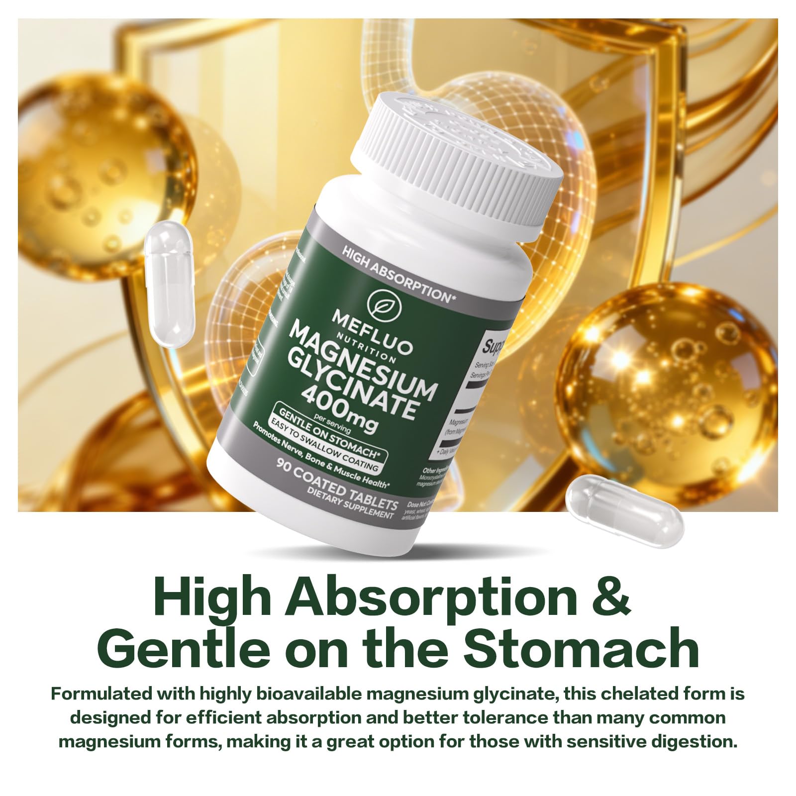 Magnesium Glycinate 400mg – High Absorption Magnesium Supplement for Muscle, Nerve & Sleep Support – Gentle on Stomach, Non-GMO, Vegan Capsules, 90 Count MefluoAu supplements