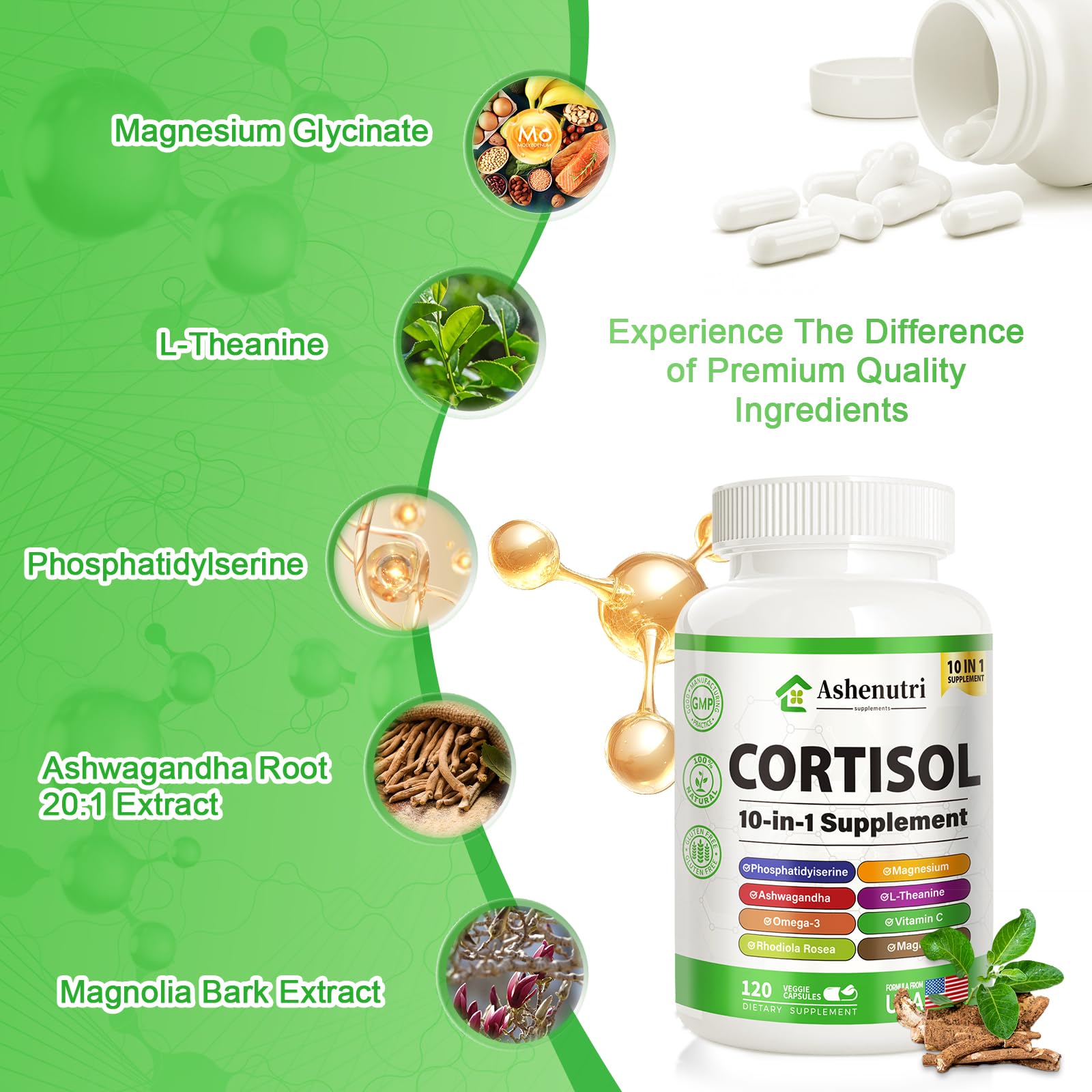 Ashenutri 10-in-1 Cortisol Supplement with Magnesium,Ashwagandha,Rhodiola Rosea,L Theanine,Hormone Balance for Women 120 Vegan Capsules AshenutriAu supplements