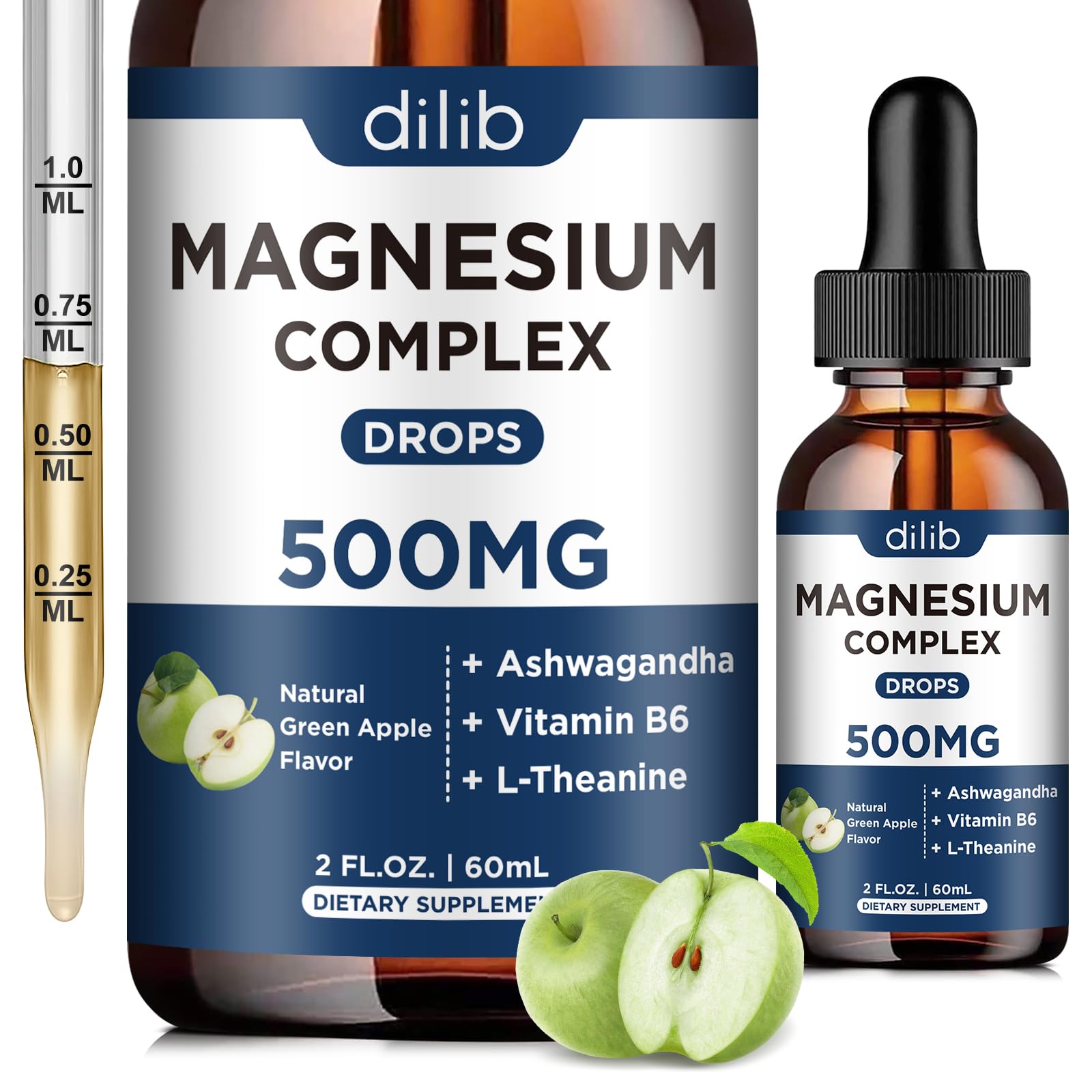 Triple Magnesium Complex Supplement-Magnesium Glycinate, Citrate, Malate Liquid Drops 500mg with Ashwagandha, L-Theanine, B6 for Calm, Stress Relief, Sleep, Muscle Support-Green Apple Flavor dilibAu supplements