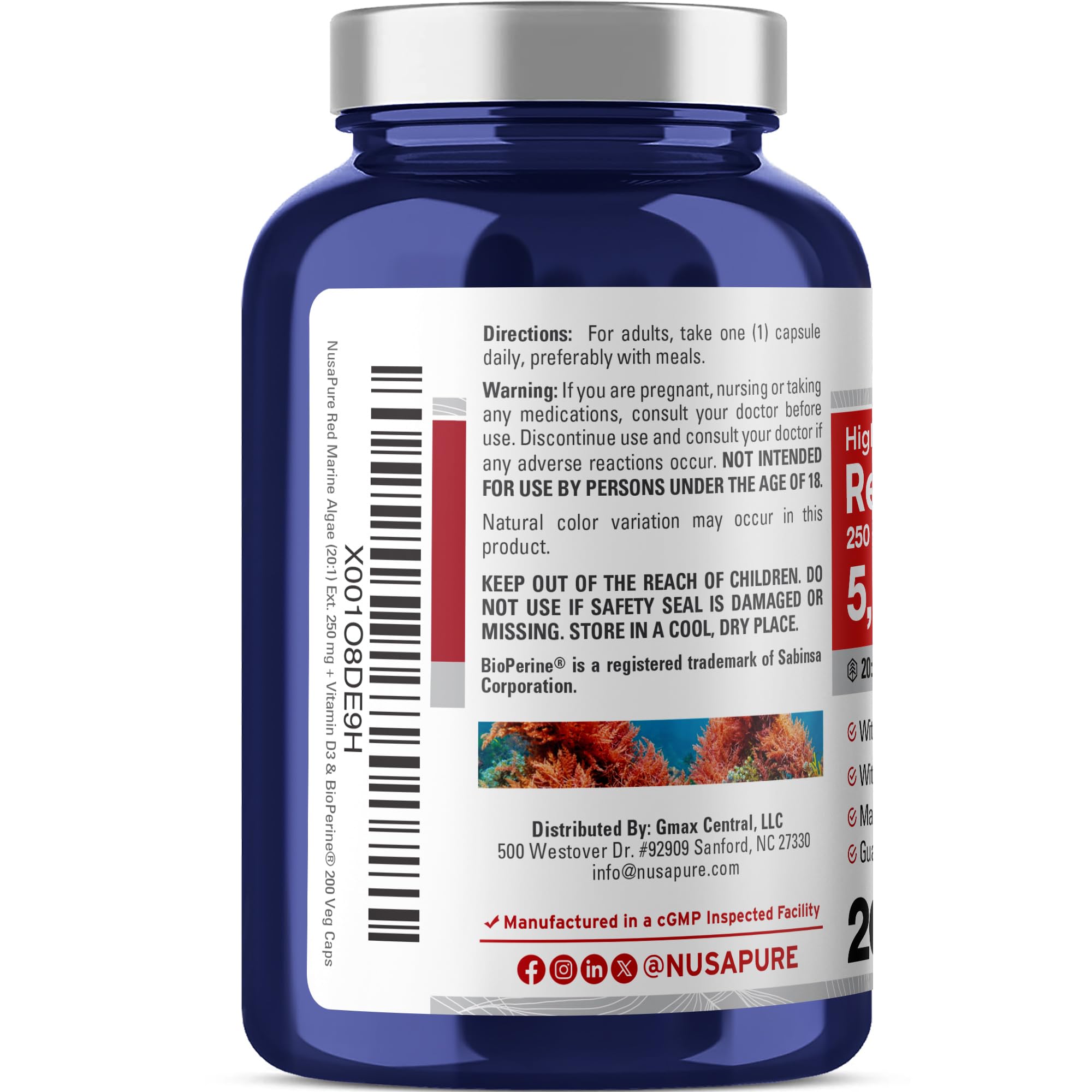 NusaPure Red Marine Algae 20:1 Extract, 250 mg Equivalent to 5,000 mg 200 Veggie Capsules (Non-GMO & Soy Free) Bioperine NusaPureAu supplements