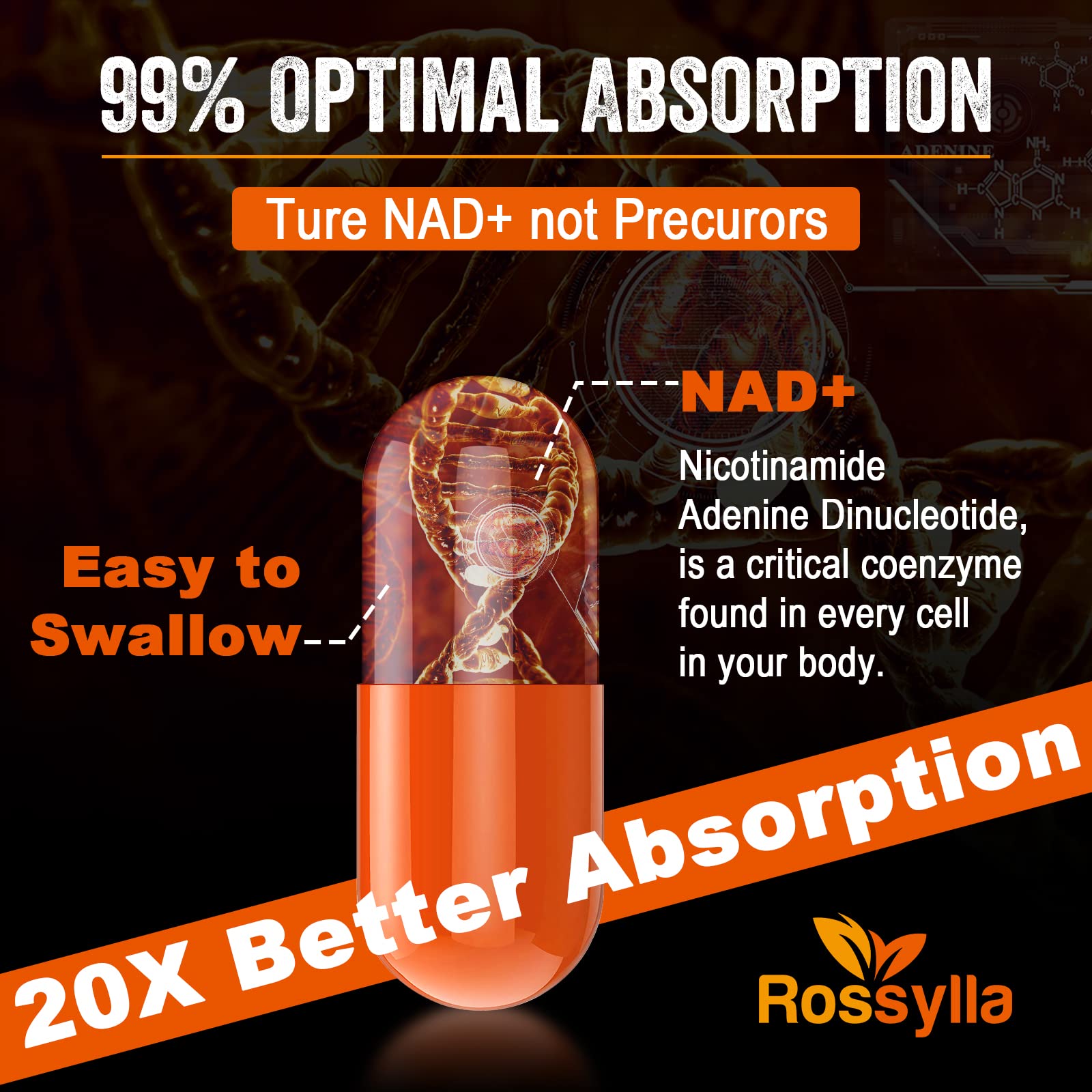 Rossylla 1300 MG Liposomal NAD+ Supplement | Highest Absorption | Purest NAD Supplemet to Boost NAD+ Effetively | Boosting NAD+ Supplement for Aging Defese, Cellular Energy, Longevity | 120 Count RossyllaAu supplements