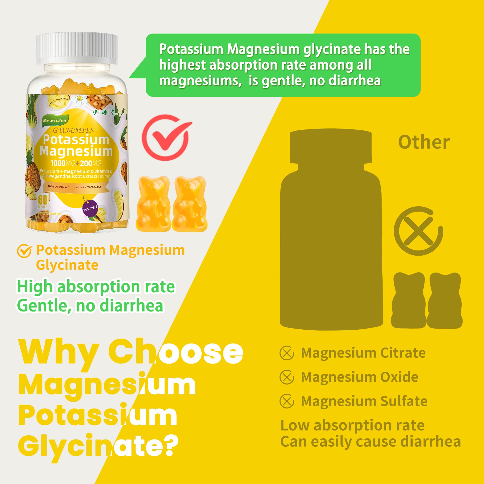 Potassium Magnesium Gummies,High Absorption Magnesium Glycinate,B6,D3,Potassium Citrate for Leg Cramps,Muscle,Electroyte for Adults Kids,Sugar-Free, 60 Gummies (Pineapple) WekannufodAu supplements