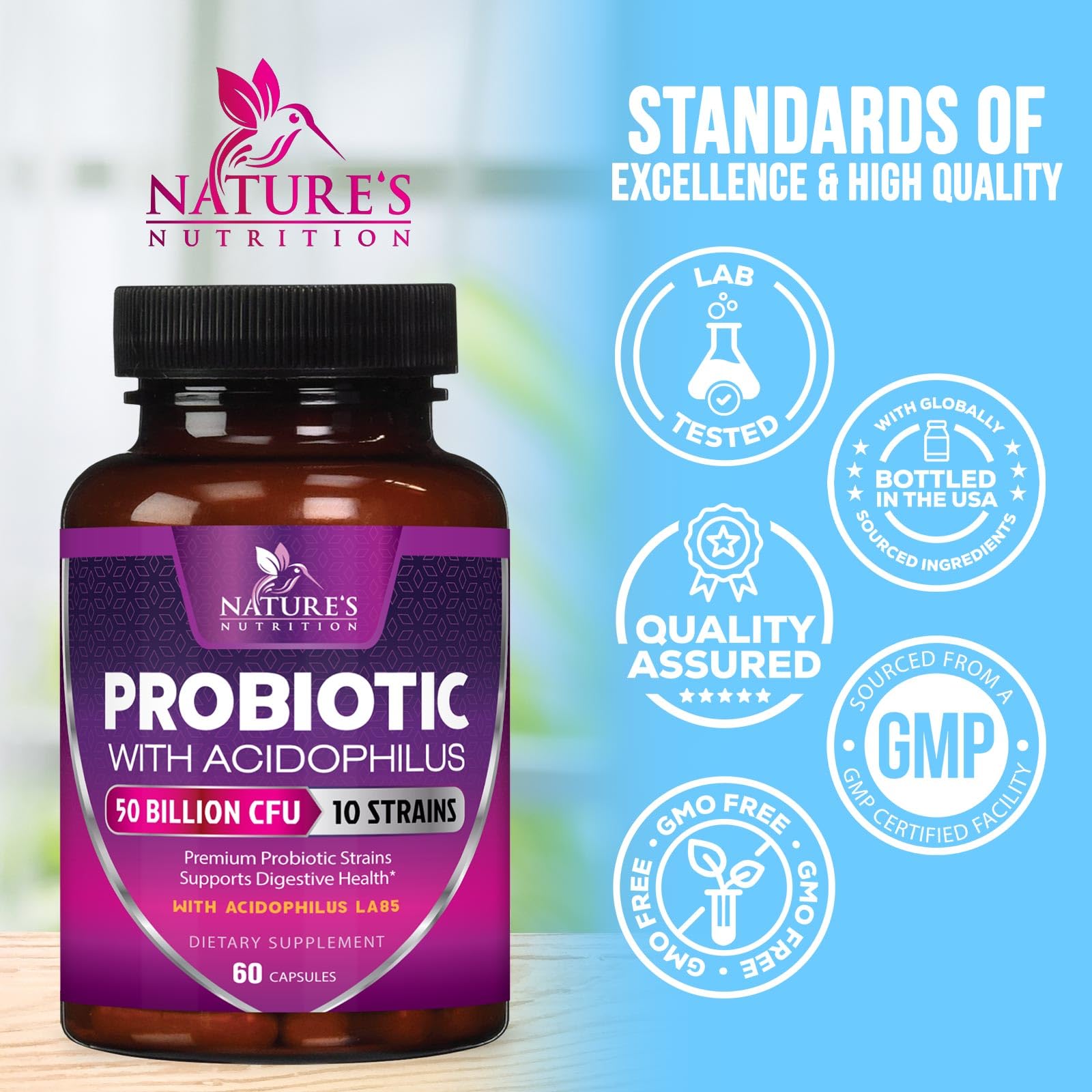 Probiotics 50 Billion CFU per Serving - 10 Strains + Prebiotics - Digestive Health, Gut & Immune Support - Supports Occasional Constipation, Gas & Bloating for Women & Men Shelf Stable - 60 Capsules Nature's NutritionAu supplements