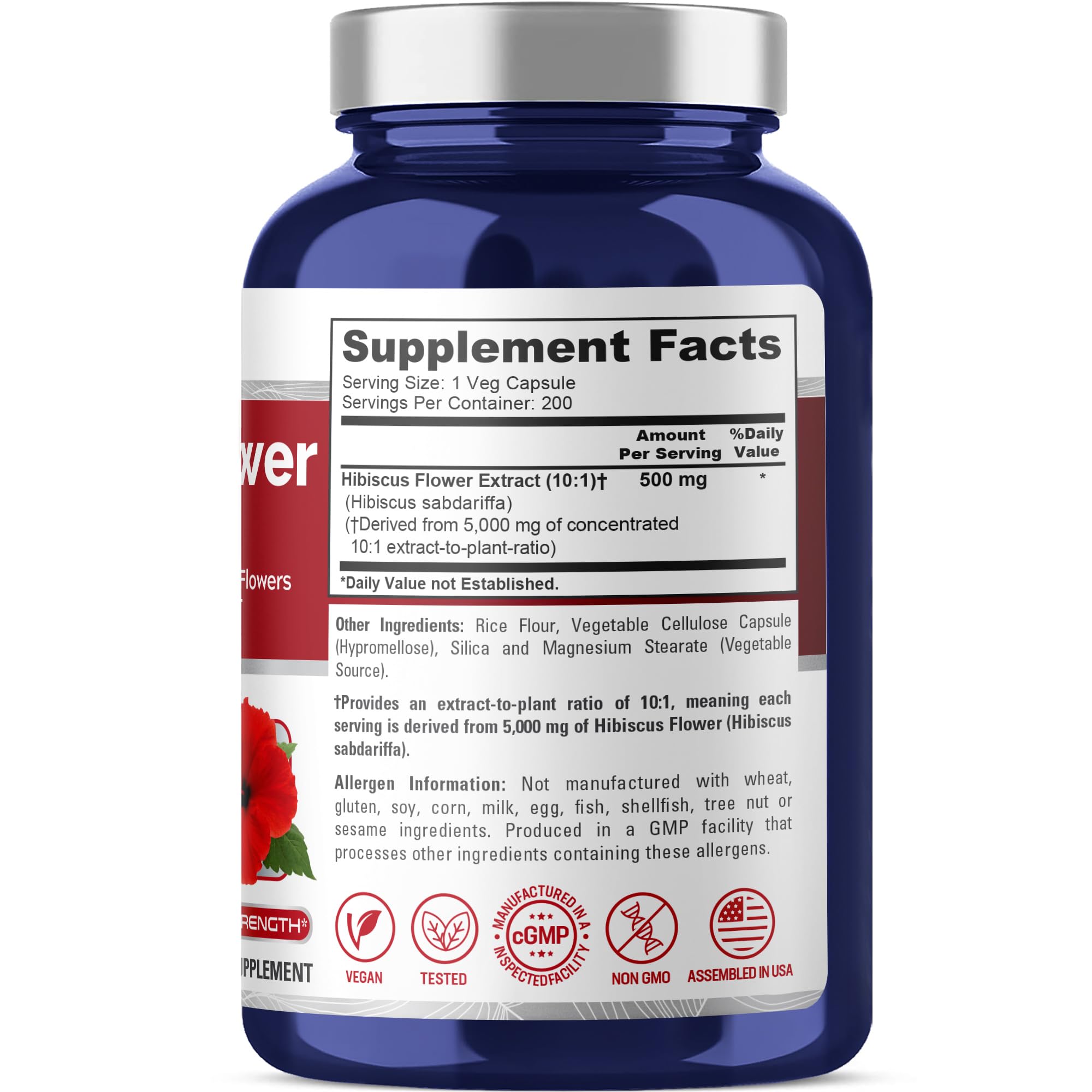NusaPure Hibiscus Flower 10:1 Extract, 500 mg Equivalent to 5000mg 200 Vegetarian Caps (Non-GMO, Vegan) NusaPureAu supplements