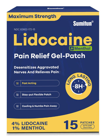 Sumifun 4% Lidocaine Patches Plus 1% Menthol - 15 Counts Maximum Strength OTC Pain Relief Patches for Back Ache Stiff Neck Joint Pain Muscle Soreness Topical Analgesic SumifunAu supplements