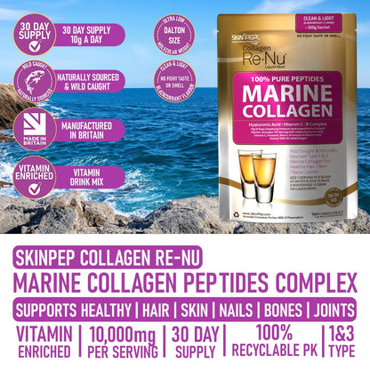 Premium Hydrolysed Marine Collagen Peptide Powder + VIT C, B Complex Hyaluronic Acid, & Stevia. Delicious Taste/No Fishy Smell - SkinPep® Collagen Re-Nu 300g - 30 Days Supply SkinPepUS supplements