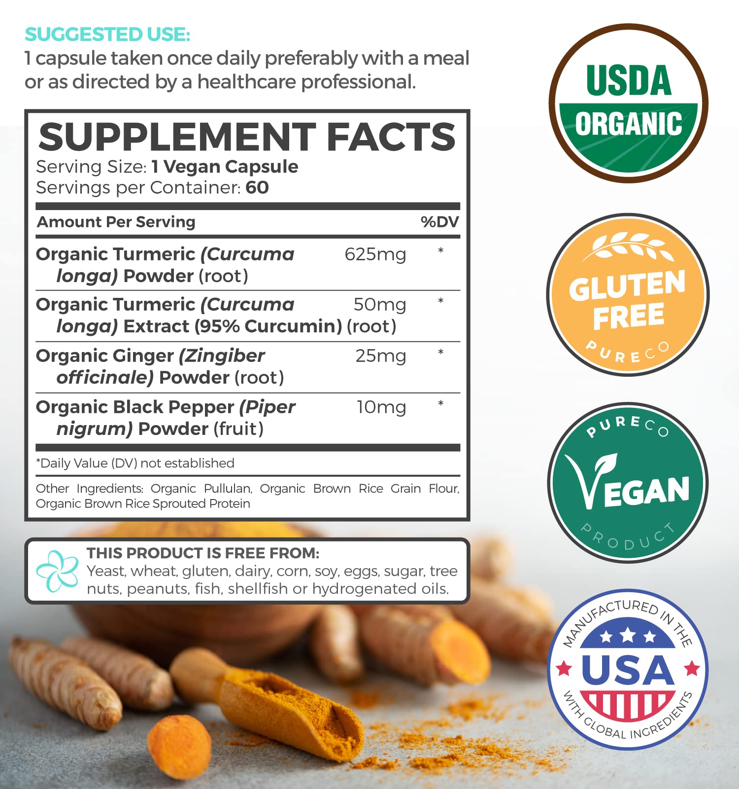 USDA Organic Turmeric Curcumin with Black Pepper and Ginger (2 Month Supply) PURE COUS supplements