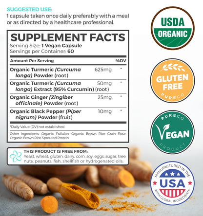 USDA Organic Turmeric Curcumin with Black Pepper and Ginger (2 Month Supply) PURE COUS supplements