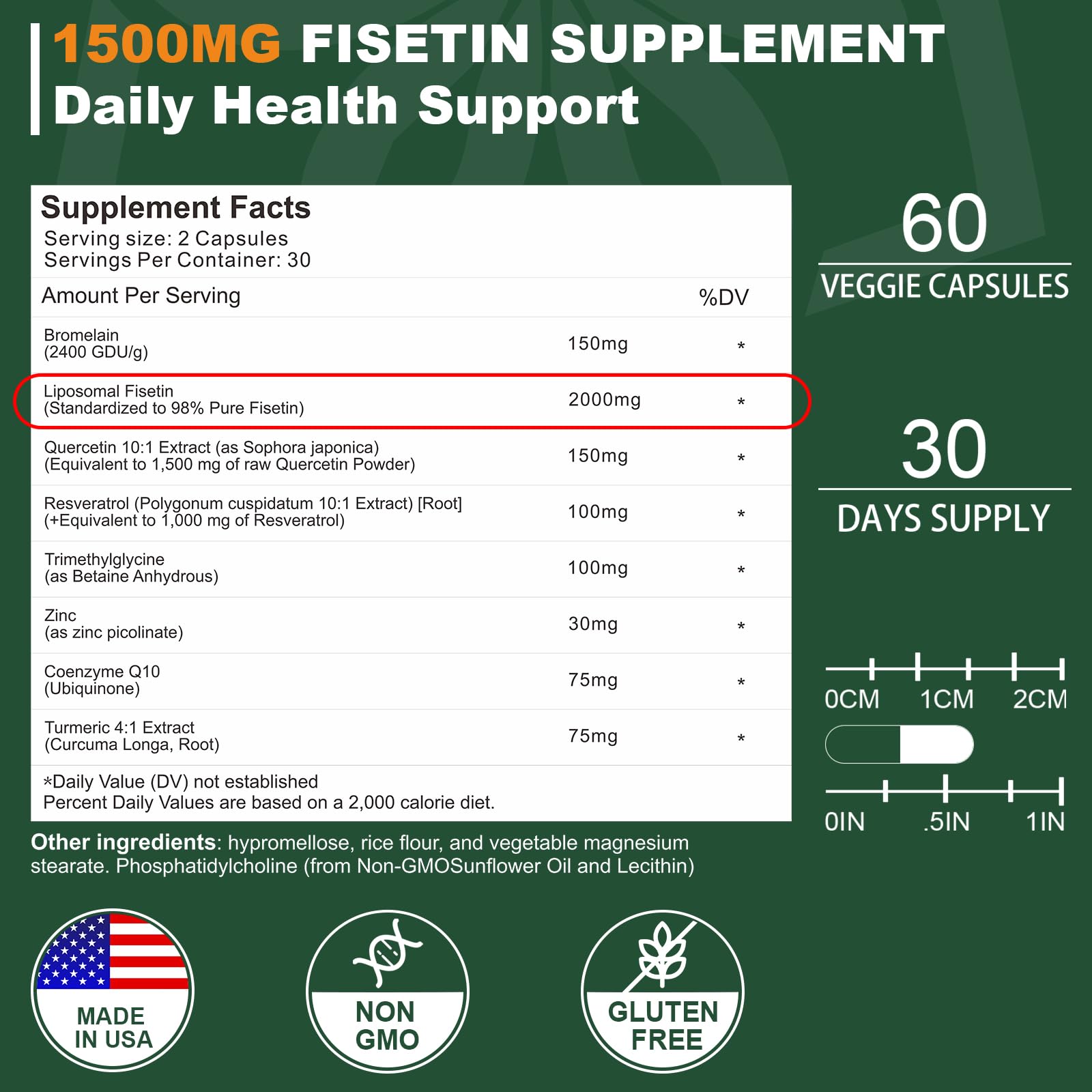 Liposomal Fisetin Supplement, 2000MG, 98% Pure Fisetin Polyphenols Antioxidants, with Quercetin, TMG and Resveratrol, for Healthy Aging, Cognitive Support, 120 Capsules NICMINAu supplements