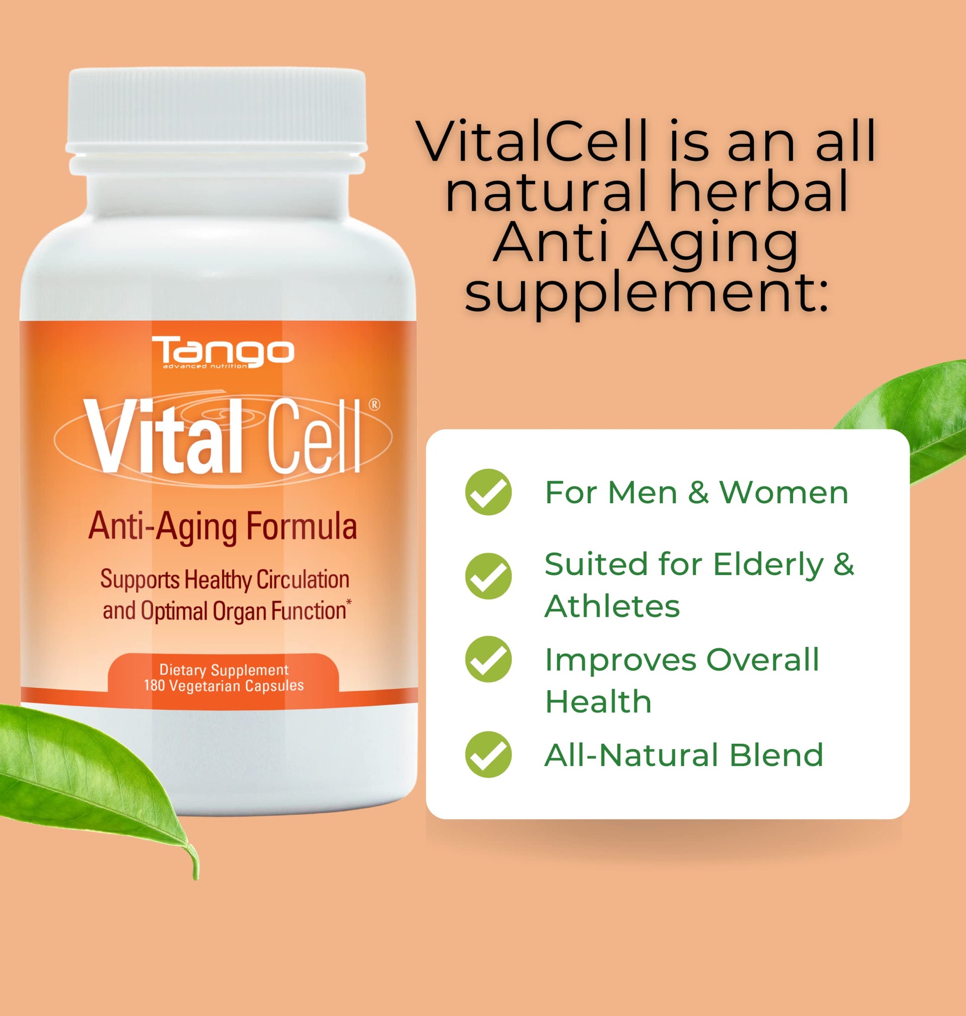 Vital Cell Natural Anti-Aging Supplement for Men and Women, Supporting Circulation and Healthy Organ Function (180 Vegetarian Capsules) TangoAu supplements