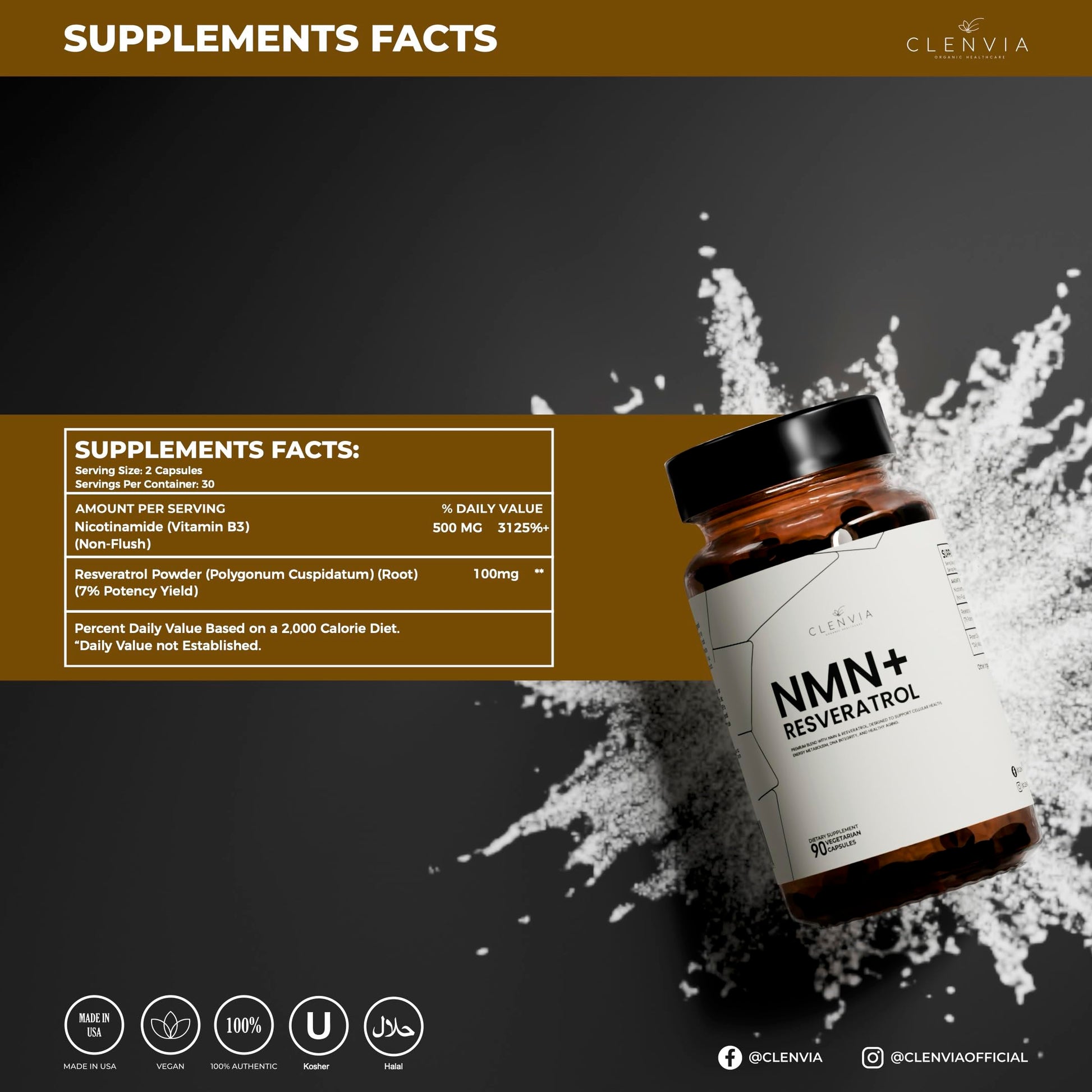 CLENVIA Premium NMN Supplement with Resveratrol – High Potency NAD+ Support Formula – >99.7% Purity – Third-Party Tested – Made in USA – 500mg Nicotinamide + 100mg Resveratrol – 90 Capsules CLENVIAAu supplements