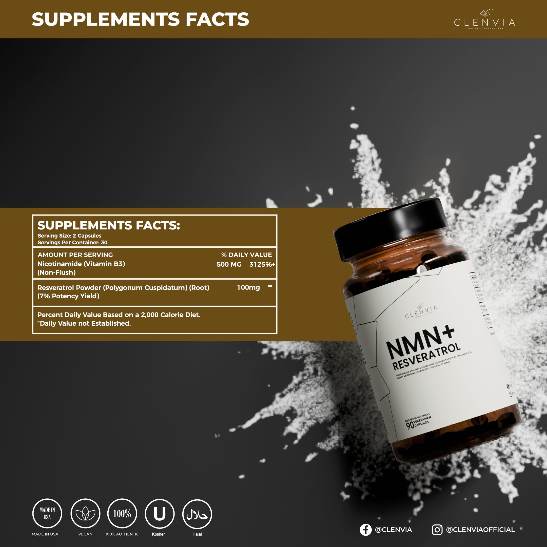 CLENVIA Premium NMN Supplement with Resveratrol – High Potency NAD+ Support Formula – >99.7% Purity – Third-Party Tested – Made in USA – 500mg Nicotinamide + 100mg Resveratrol – 90 Capsules CLENVIAAu supplements