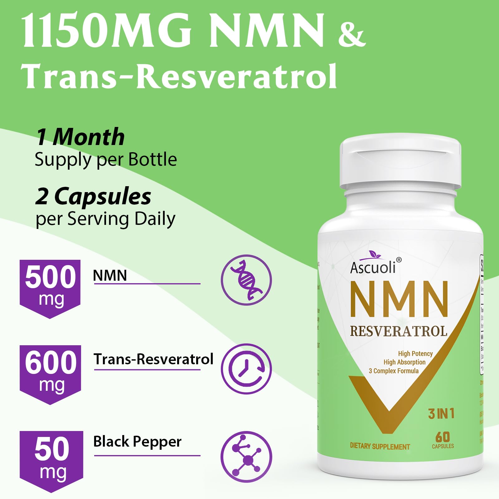 99% Ultra Purity NMN 500mg + Trans-Resveratrol 600mg, 1150mg NMN Resveratrol Supplement, 3-in-1 Advanced Formula for Boost* NAD, Cell, Immune, Energy & Muscle, Healthy Aging, Stabilized Form - 60 Caps AscuoliAu supplements