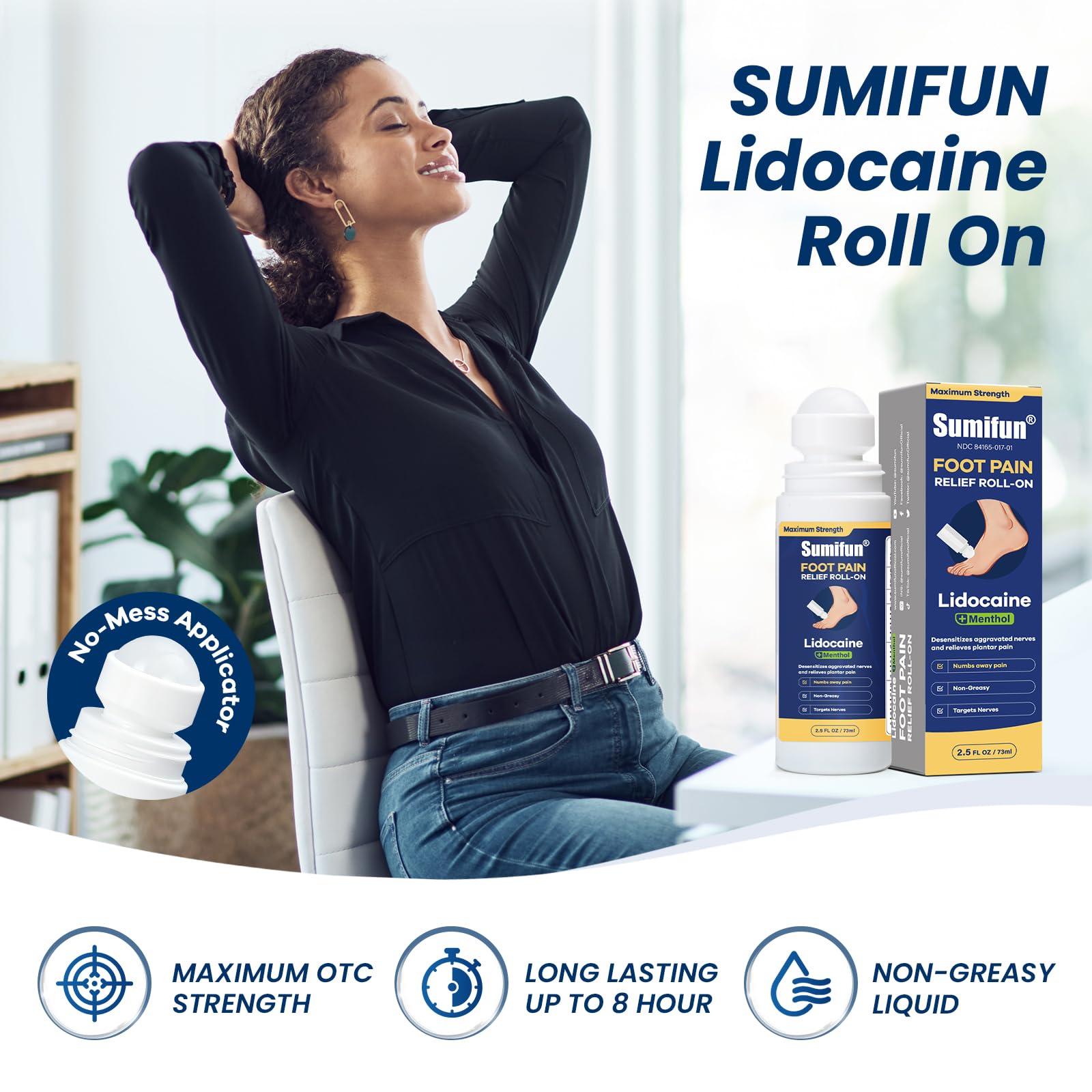Sumifun Foot Pain Relief Lidocaine Roll-On - Maximum Strength OTC for Plantar Fasciitis & Heel Pain - Fast-Drying, Non-Greasy Formula, 2.5 Fl Oz * 2 SumifunAu supplements