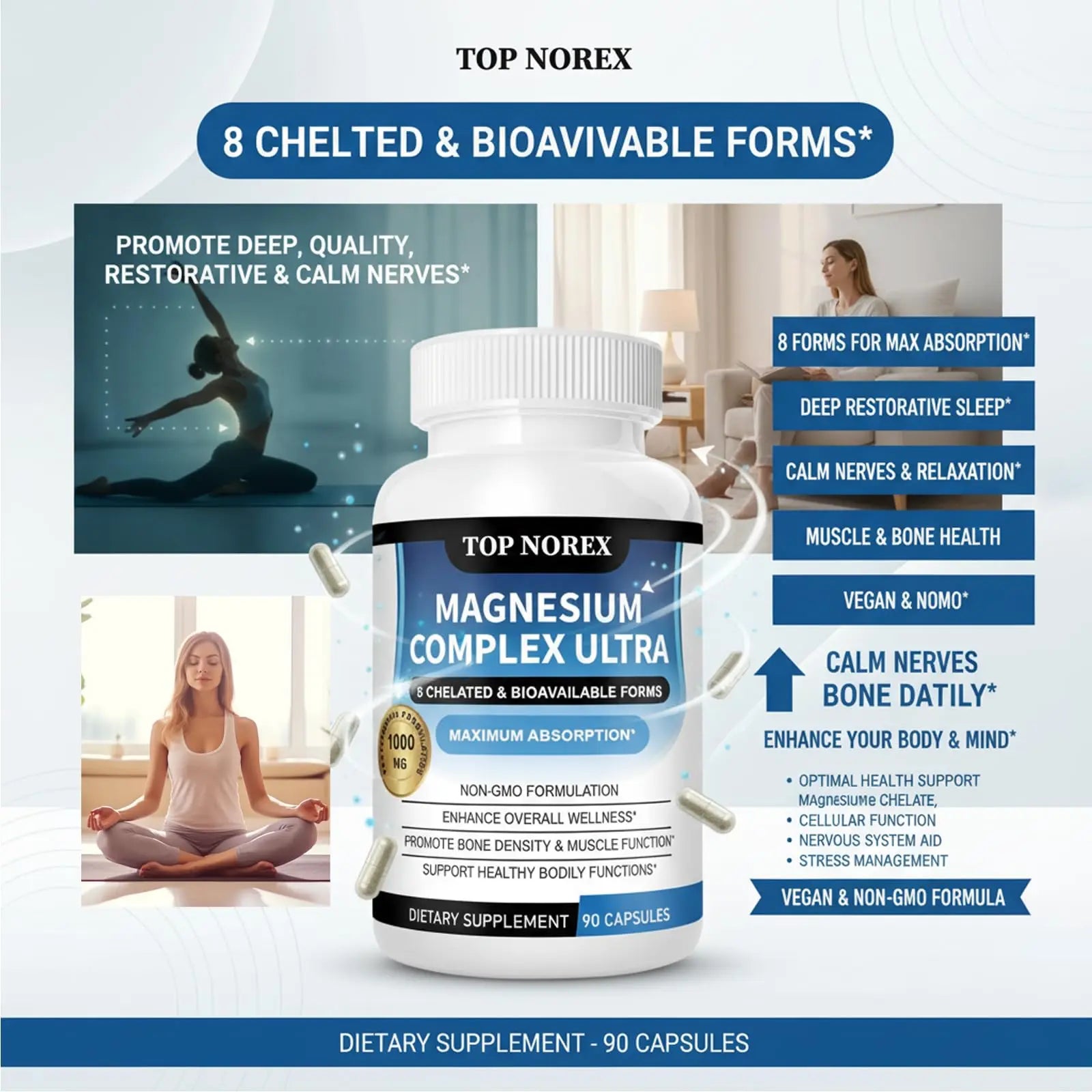 Top Norex Magnesium Complex Ultra - 8 Elemental 1000mg Magnesium Blend, Easy Absorption, 90 Capsules (1) Top Norexnz supplements