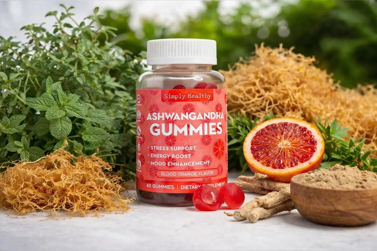 Simply Healthy Premium Ashwagandha Gummies, Stress Support with Blood Orange Flavor, Vegan, Easy to Chew, Daily Aid, Energy Booster, Mood Enhancer, for Both Men and Women, 60 Gummies Simply HealthyAu supplements