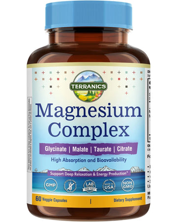 Terranics Magnesium Complex 500mg, Glycinate, Malate, Taurate, Citrate, Chelated Purified Easily Absorbed Magnesium Supplement for Sleep, Heart, Energy, Digestion Support, 60 Capsules TerranicsAu supplements