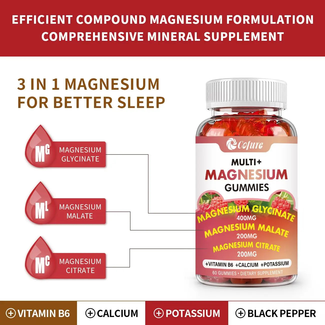 Cofure Triple Magnesium Complex 900 mg, Magnesium Glycinate, Citrate, Malate with Potassium, Calcium, Vitamin B6 for Calm & Sleep - Vegan, Non-GMO, Gluten Free - 120 Raspberry Gummies for Adults Cofurenz supplements
