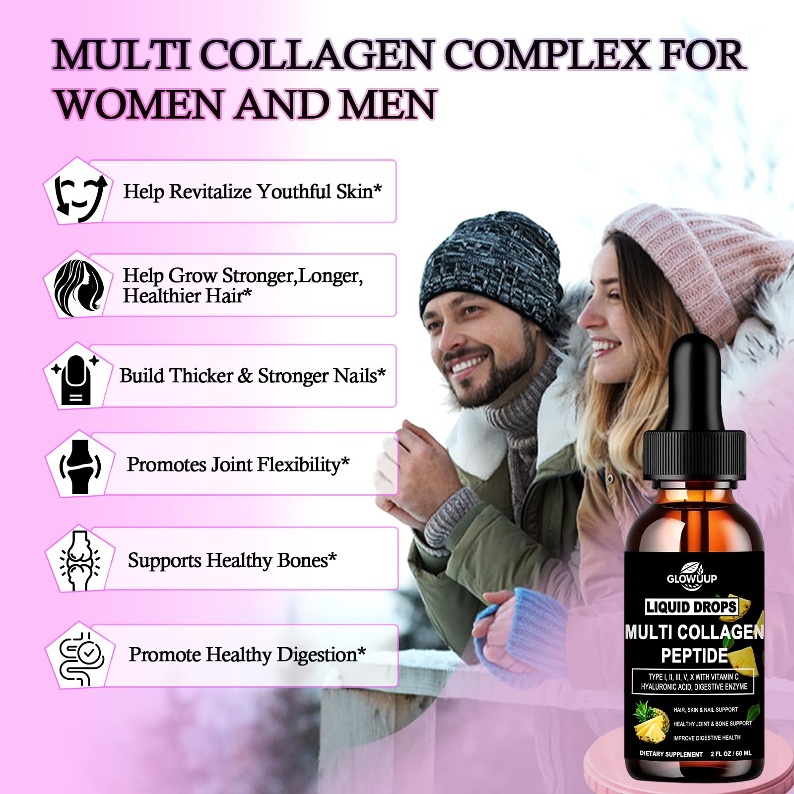 Multi Collagen Peptides Liquid Drops for Women & Men-Type I, II, III, V, X丨Hydrolyzed Collagen Peptides, Collagen Proteins W. Hyaluronic Acid, Biotin & Vitamin C for Hair Skin & Joint Gut Health GLOVVUUPAu supplements