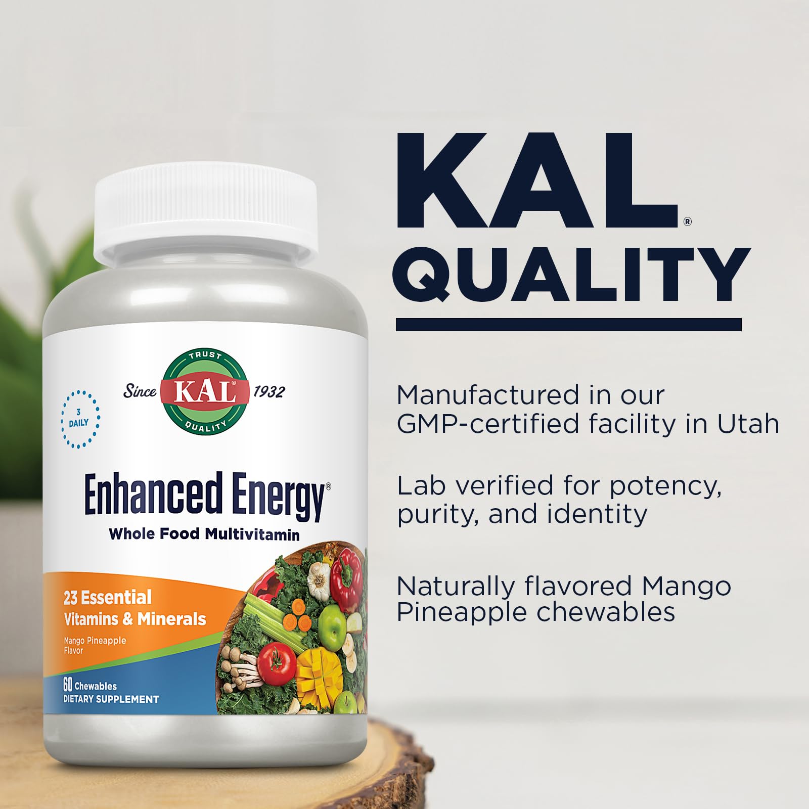 KAL Enhanced Energy Supplements, Whole Food Chewable Multivitamin with Iron, 3 Daily, 23 Essential Vitamins and Minerals, Super Foods, Enzymes, Mango Pineapple Flavor, 60-Day Guarantee, 20 Serv, 60ct KALAu supplements
