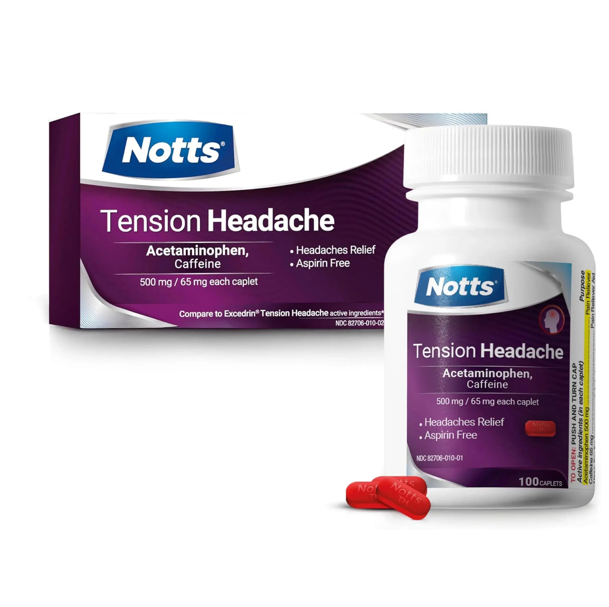 NOTTS Tension Headache Relief Without Aspirin for Head, Neck & Shoulder Pain - 100 Count, Acetaminophen 500 mg Caffeine 65 mg Caplets, for Aches Caused by Tension and Stress. Headache Relief caplets NOTTSAu supplements
