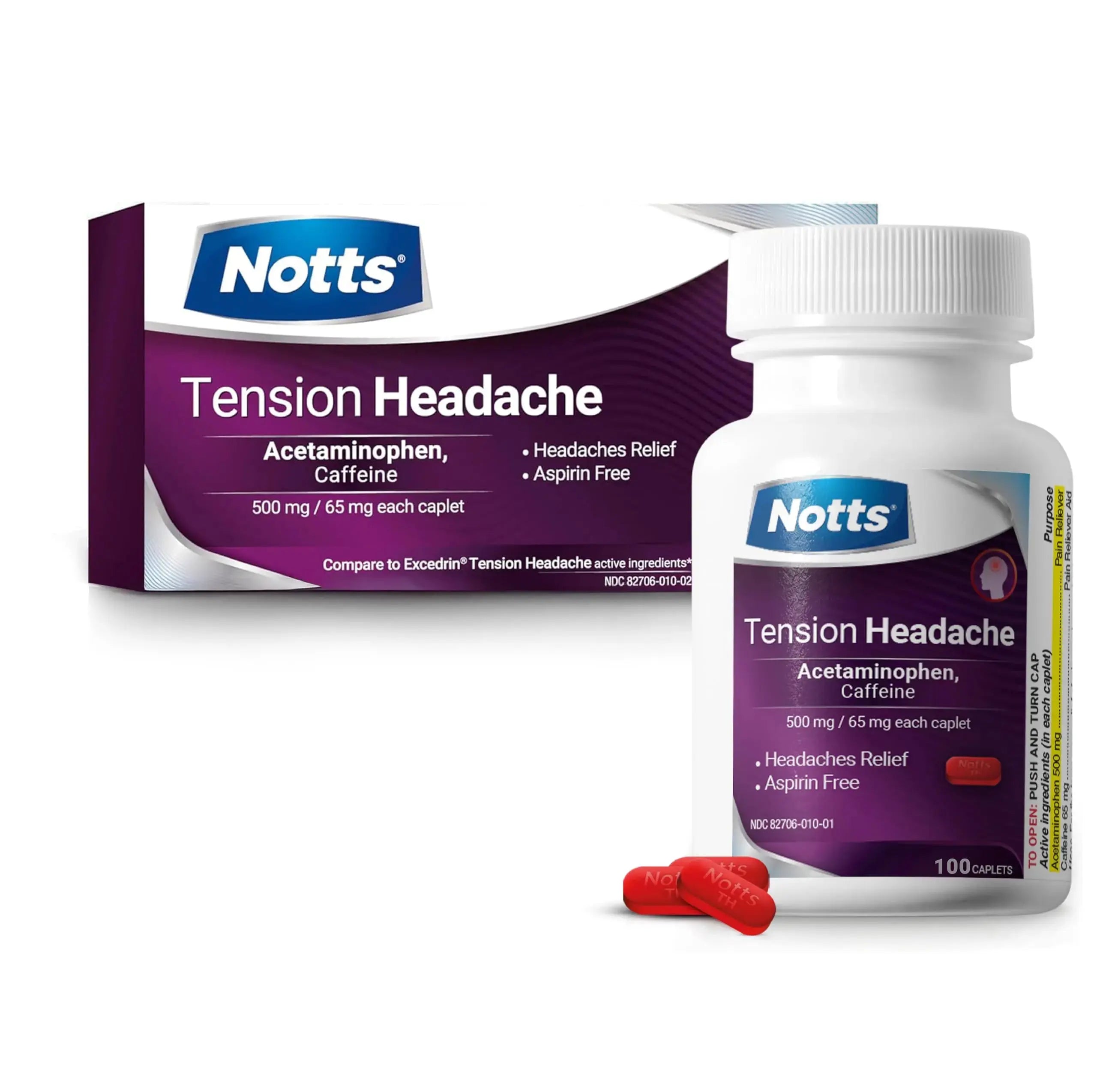 NOTTS Tension Headache Relief Without Aspirin for Head, Neck & Shoulder Pain - 100 Count, Acetaminophen 500 mg Caffeine 65 mg Caplets, for Aches Caused by Tension and Stress. Headache Relief caplets NOTTSAu supplements