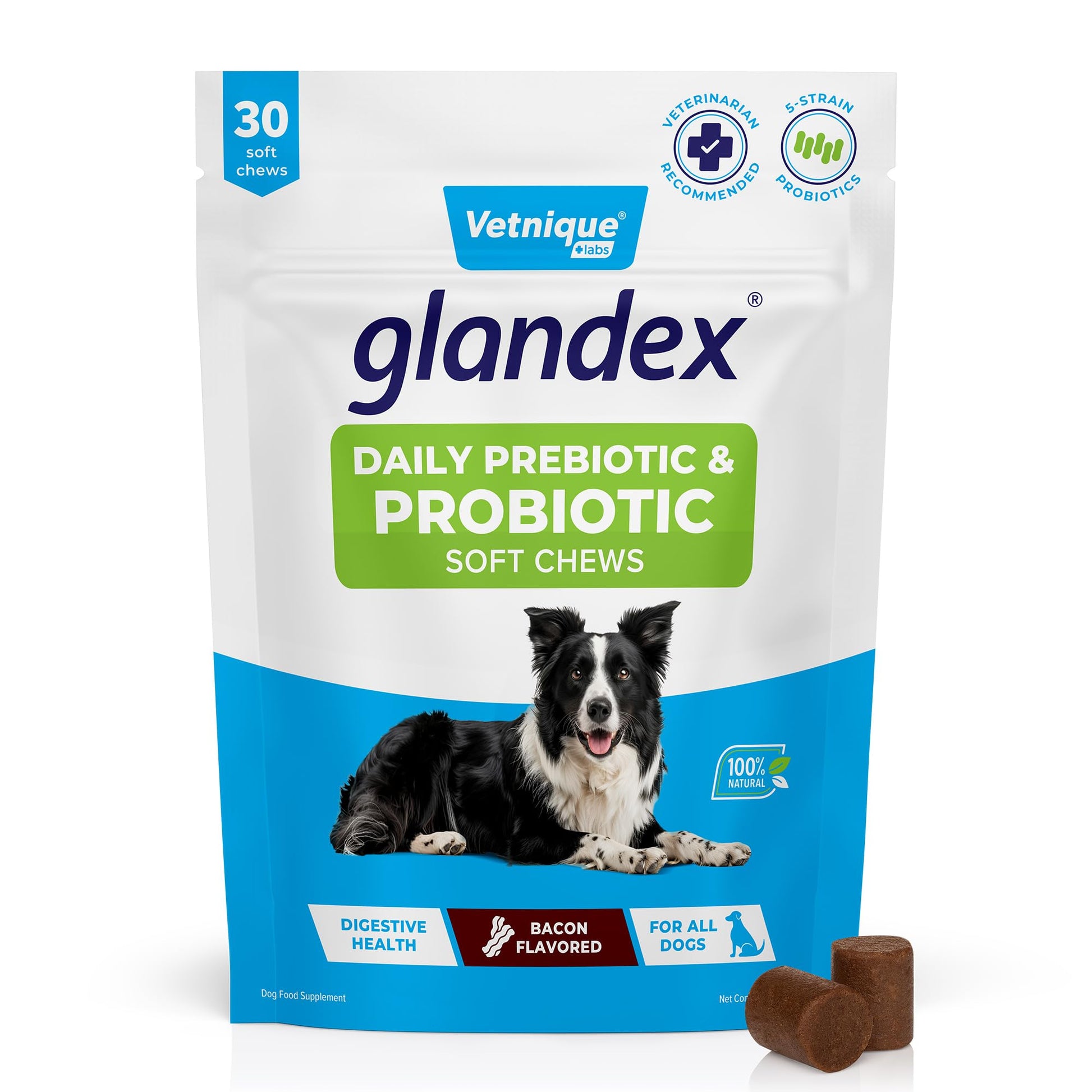 Vetnique Glandex Daily Probiotics for Dogs with Prebiotics to Support Gut Health with Fiber and Digestive Enzymes, Dog Probiotic Chews or Powders (30ct Chews, Bacon Chews) VetniqueAu supplements