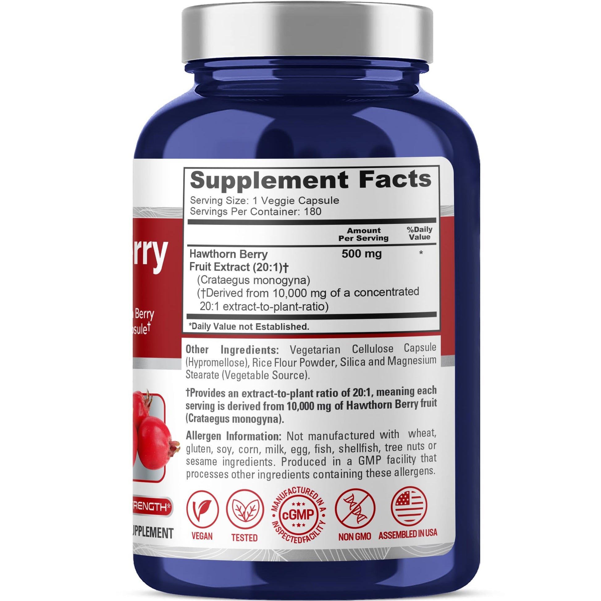 NusaPure Hawthorn Berry 20:1 Extract, 500 mg Equivalent to 10,000 mg 180 Veg Caps, Suitable for Vegetarians, Vegan, Non-GMO Dietary Supplement NusaPureAu supplements