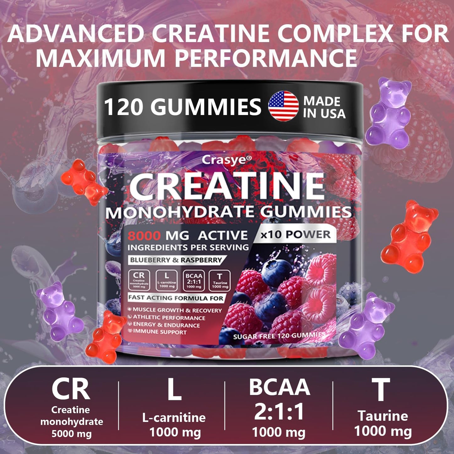 Crasye Creatine Gummies Complex 8000mg for Men and Women Creatine Monohydrate Gummy with BCAA Taurine for Muscle Strength and Energy Boost Sugar CrasyeUS supplements