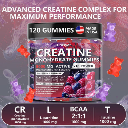 Crasye Creatine Gummies Complex 8000mg for Men and Women Creatine Monohydrate Gummy with BCAA Taurine for Muscle Strength and Energy Boost Sugar CrasyeUS supplements