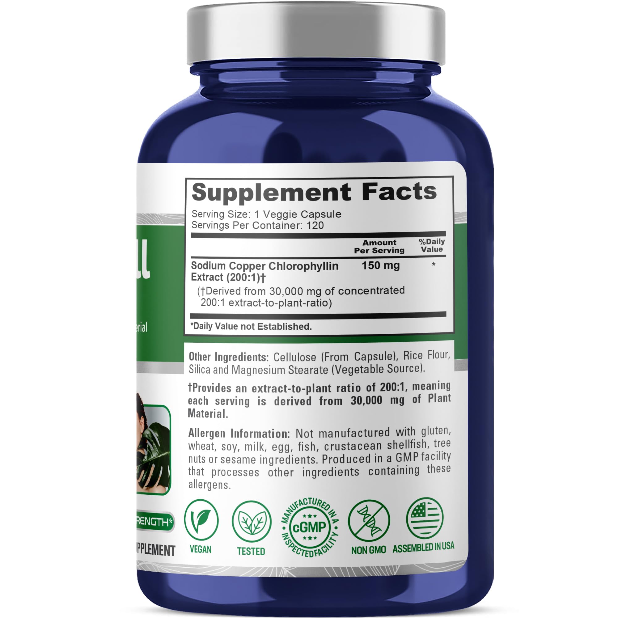NusaPure Chlorophyll 200:1 Extract, 150 mg Equivalent to 30,000 mg per Capsule 120 Vegetarian Caps (Non-GMO, Vegan) NusaPureAu supplements