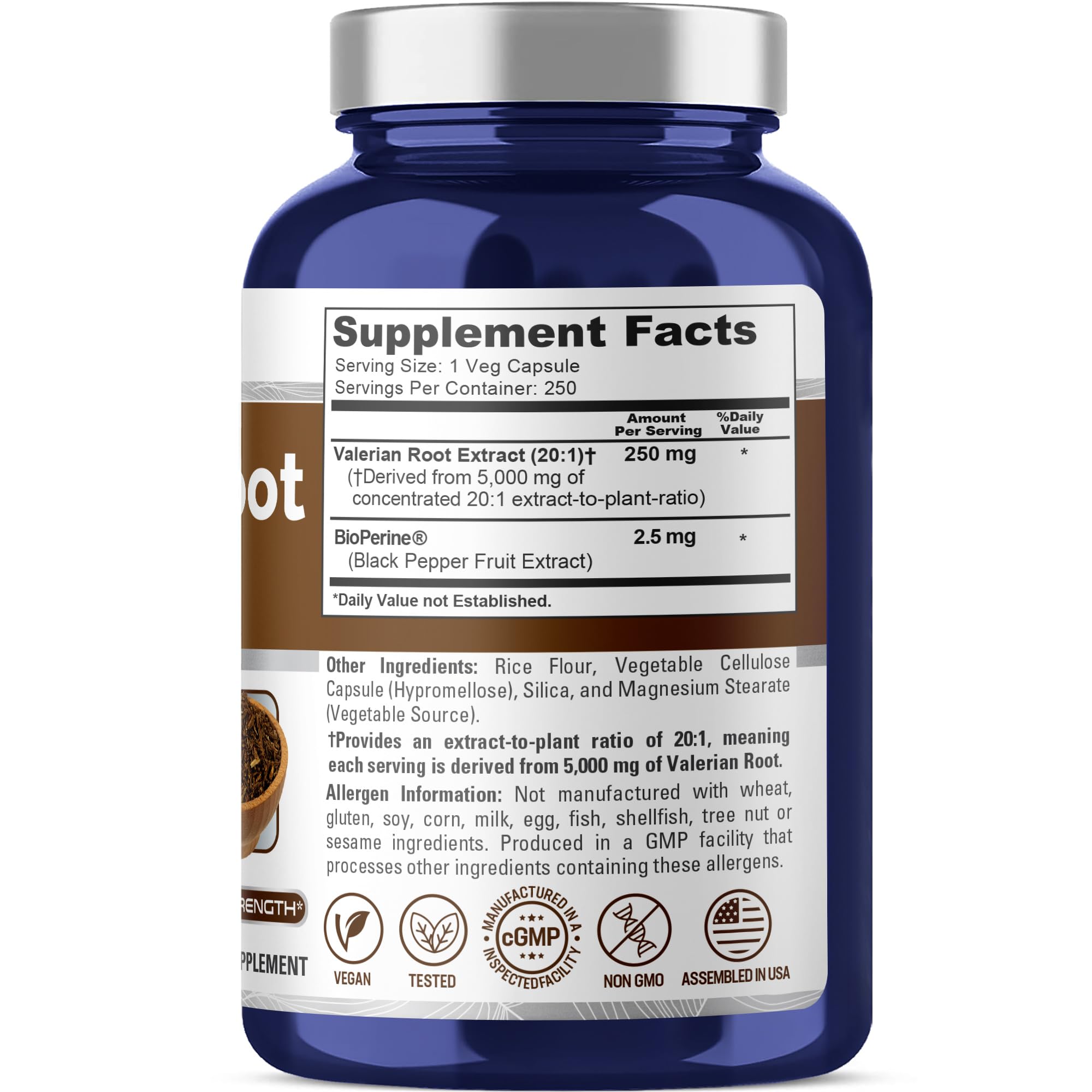 NusaPure Valerian Root 20:1 Extract, 250 mg Equivalent to 5000mg Per Veggie Caps, 250 Count, Vegan, Non-GMO, Bioperine NusaPureAu supplements