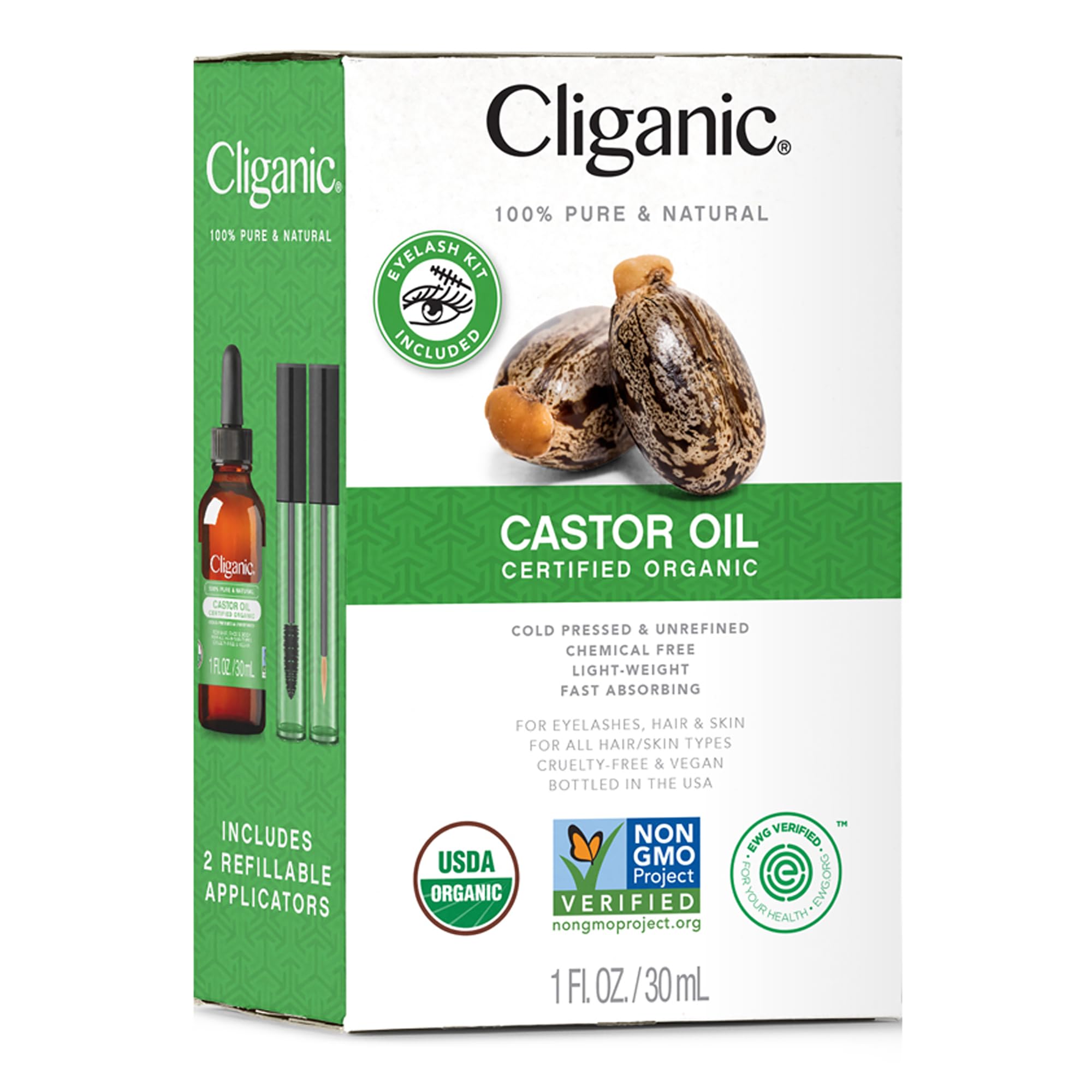 Cliganic Organic Castor Oil, 100% Pure (1oz with Eyelash Kit) - For Eyelashes, Eyebrows, Hair & Skin CliganicAu supplements