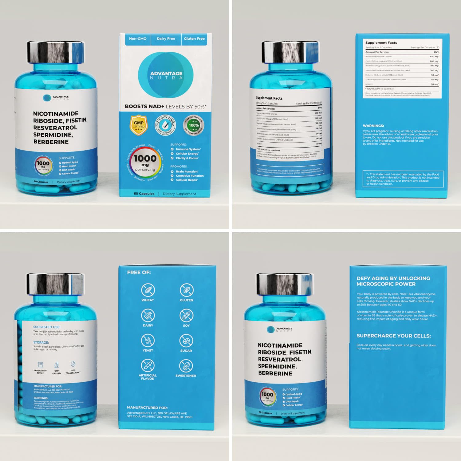 AdvantageNutra Liposomal Nicotinamide Riboside NR Supplement Resveratrol NAD : Nicotinamide 500mg w/Fisetin, Resveratrol Powder Spermidine Berberine NAD Resveratrol Supplement 500 mg - 60 caps 1 Pack AdvantageNutraAu supplements
