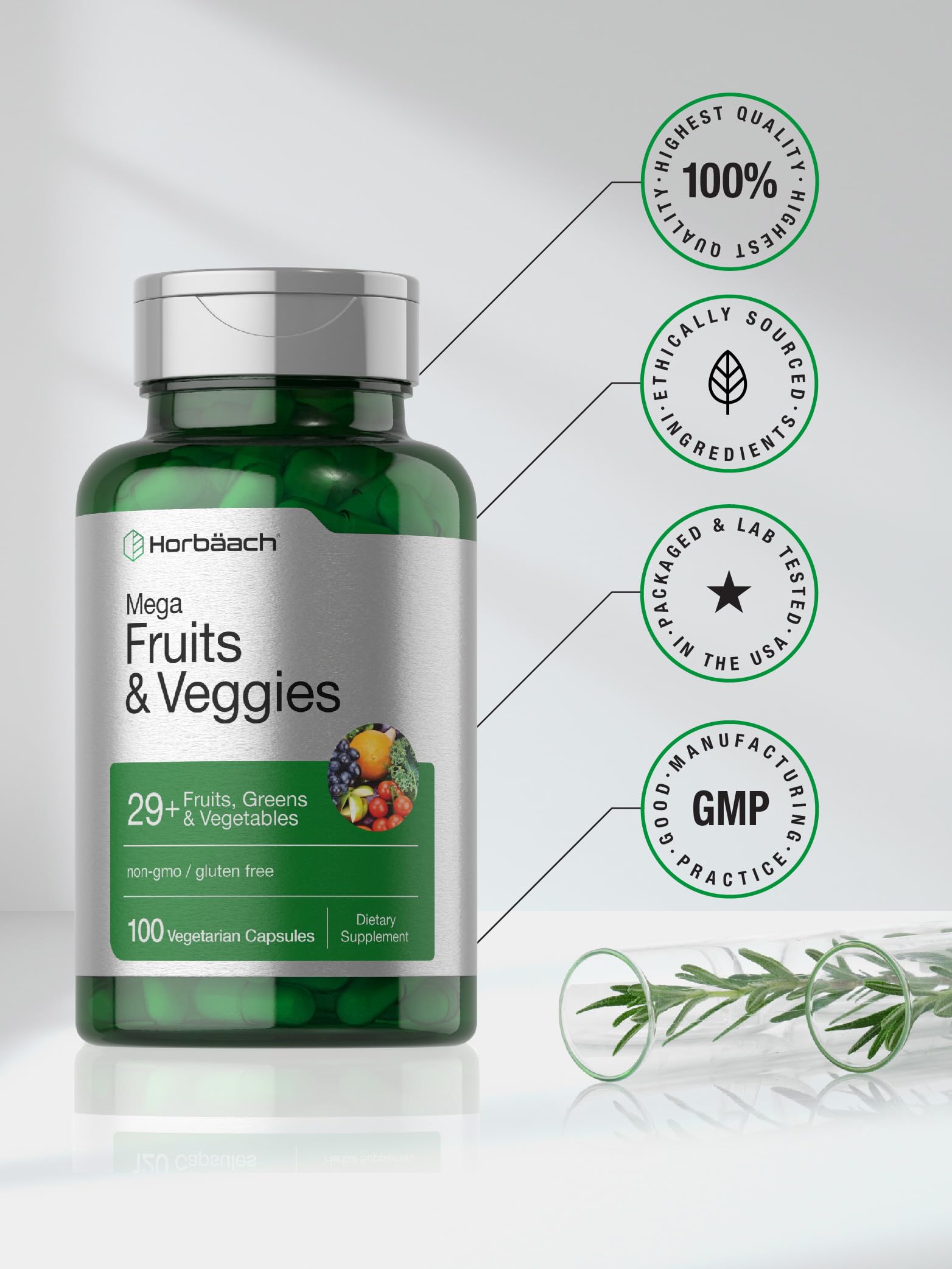 Horbäach Mega Fruits and Veggies Supplement | 100 Capsules | Vegetarian, Non-GMO and Gluten Free HorbäachAu supplements