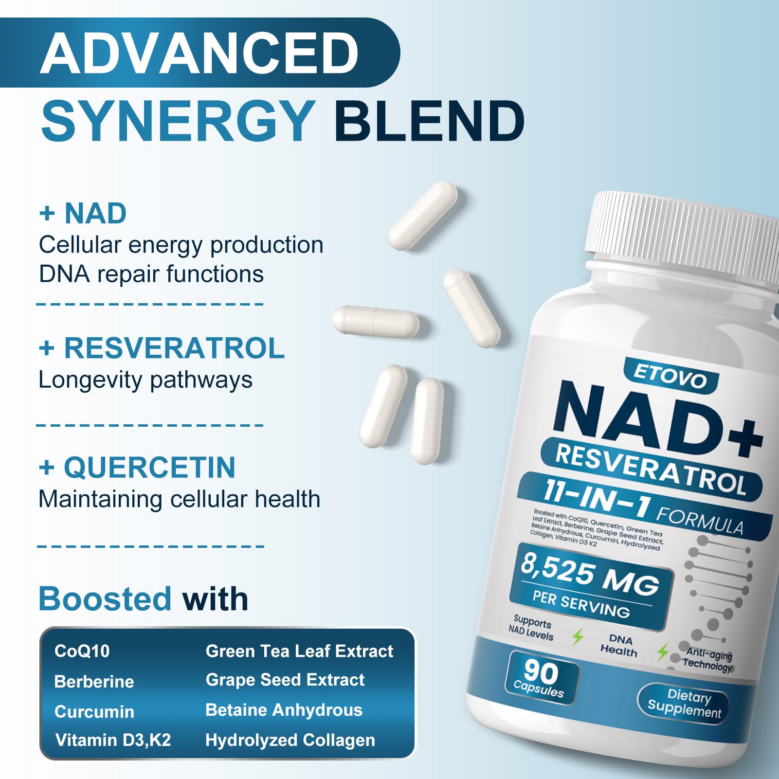 ETOVO NAD+ Supplement, 8525 mg Liposomal NAD Resveratrol Supplement for Women and Men with Coptisine Quercetin Curcumin Supports Cellular Health, Energy & Healthy Anti-Aging 180 Counts ETOVOAu supplements