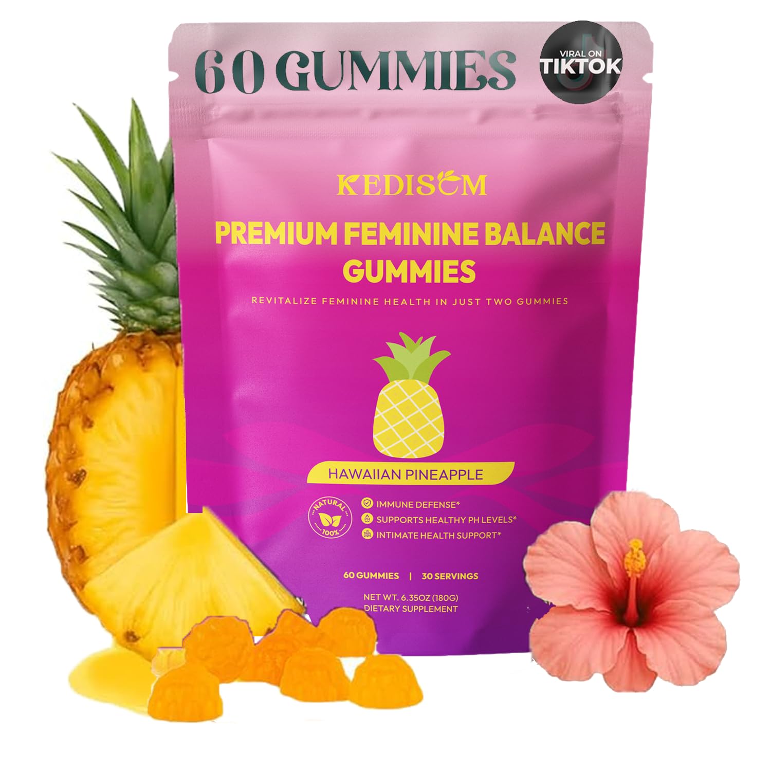 KEDISOM Premium Feminine Balance Gummies - for Women’s Health & Wellness - Immune Support - Vegan, Gluten-Free - Hawaiian Pineapple - 60 Gummies - 30 Servings KEDISOMAu supplements