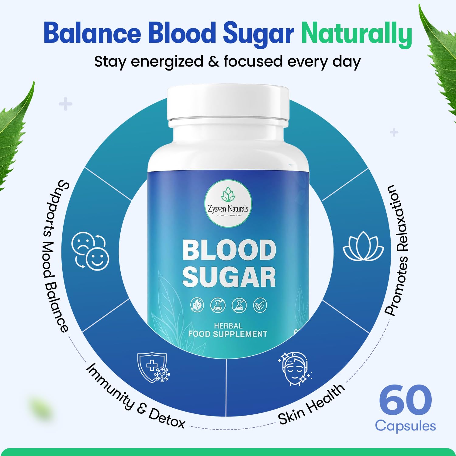 Zyzven Naturals Blood Sugar Support Supplement – 60 Vegan Capsules | Herbal Supplement with Moringa, Cinnamon, Ginger, Neem & Fenugreek | Plant-Based Wellness Supplement - Serving: 2 Capsules/Day Zyzven NaturalsAu supplements