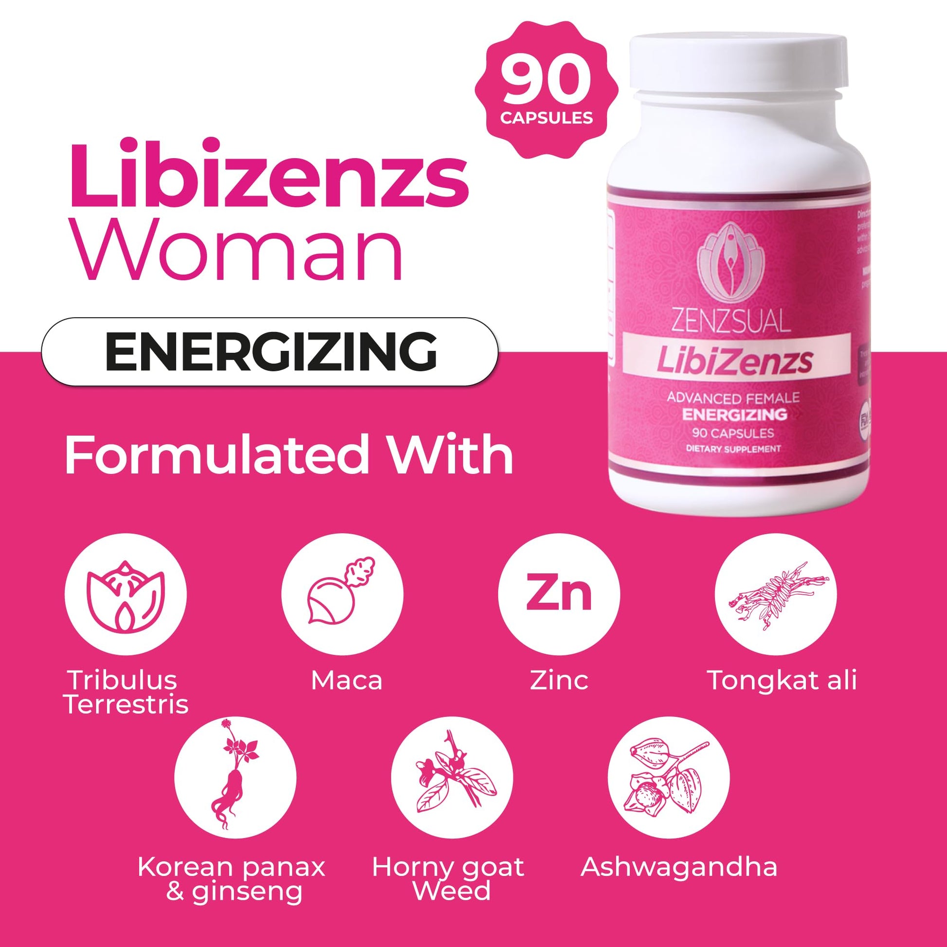 ZENZSUAL Libizenzs – Plant-Based Energy Support Supplement for Women – Caffeine-Free with Maca Root, Ashwagandha & Ginseng – Supports Daily Stamina, Focus & Well-Being – 90 Vegan Capsules ZENZSUALAu supplements