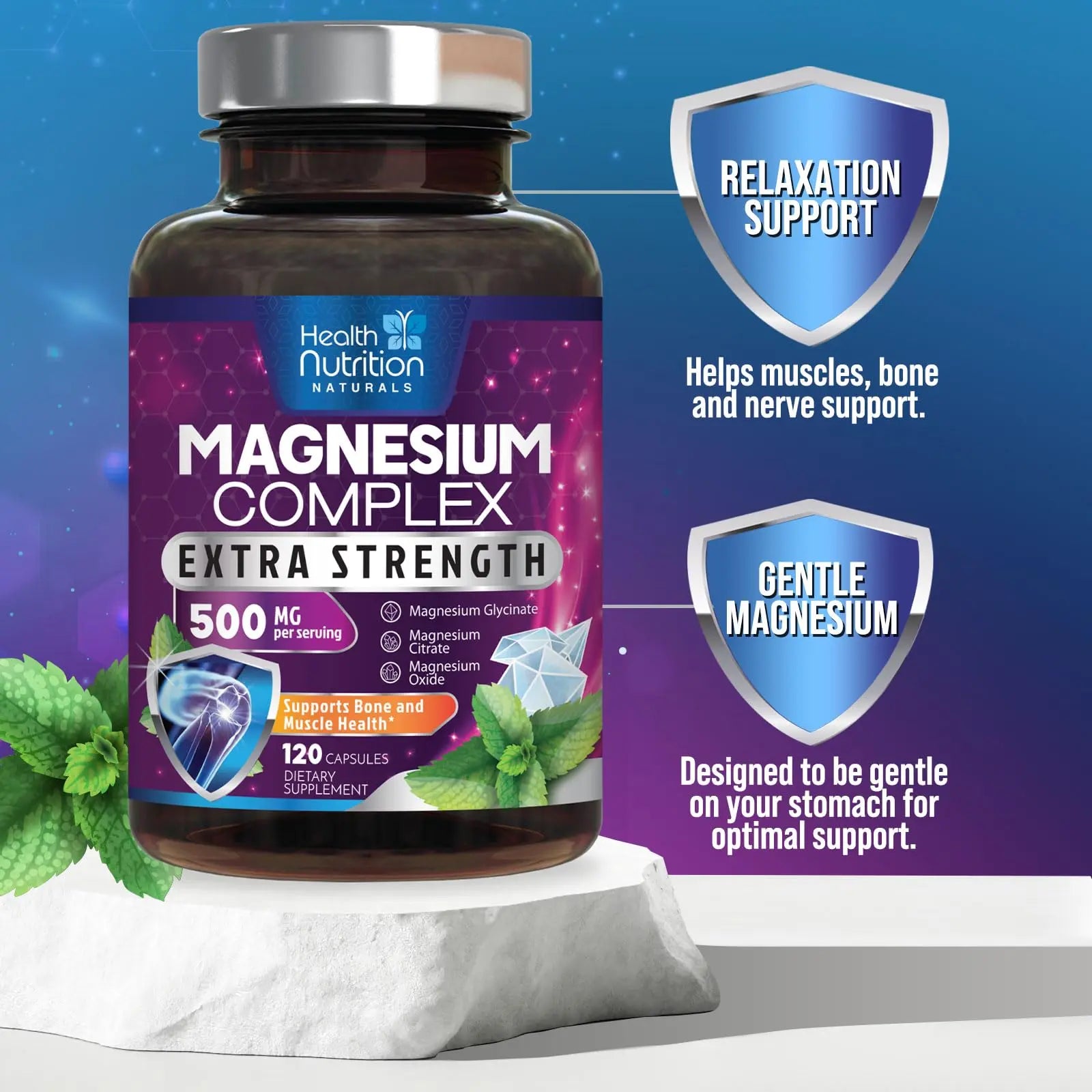 Magnesium Complex Capsules - 500mg per Serving Magnesium - High Absorption Chelated Mineral Supplement - with Oxide, Glycinate, Malate, Citrate for Muscle Bone and Heart Health Support - 120 Capsules Health Nutrition Naturalsnz supplements