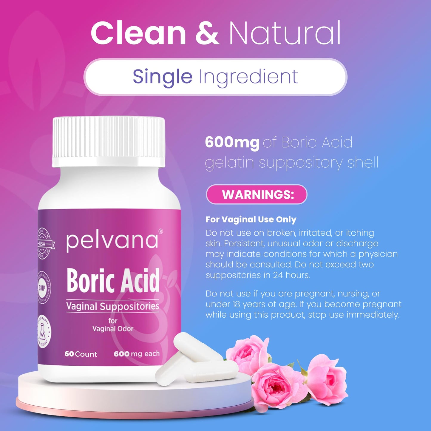 Pelvana Boric Acid Suppositories for Women - 60 Count - 600mg Boric Acid Capsules for Vaginal Odor Use PelvanaUS supplements