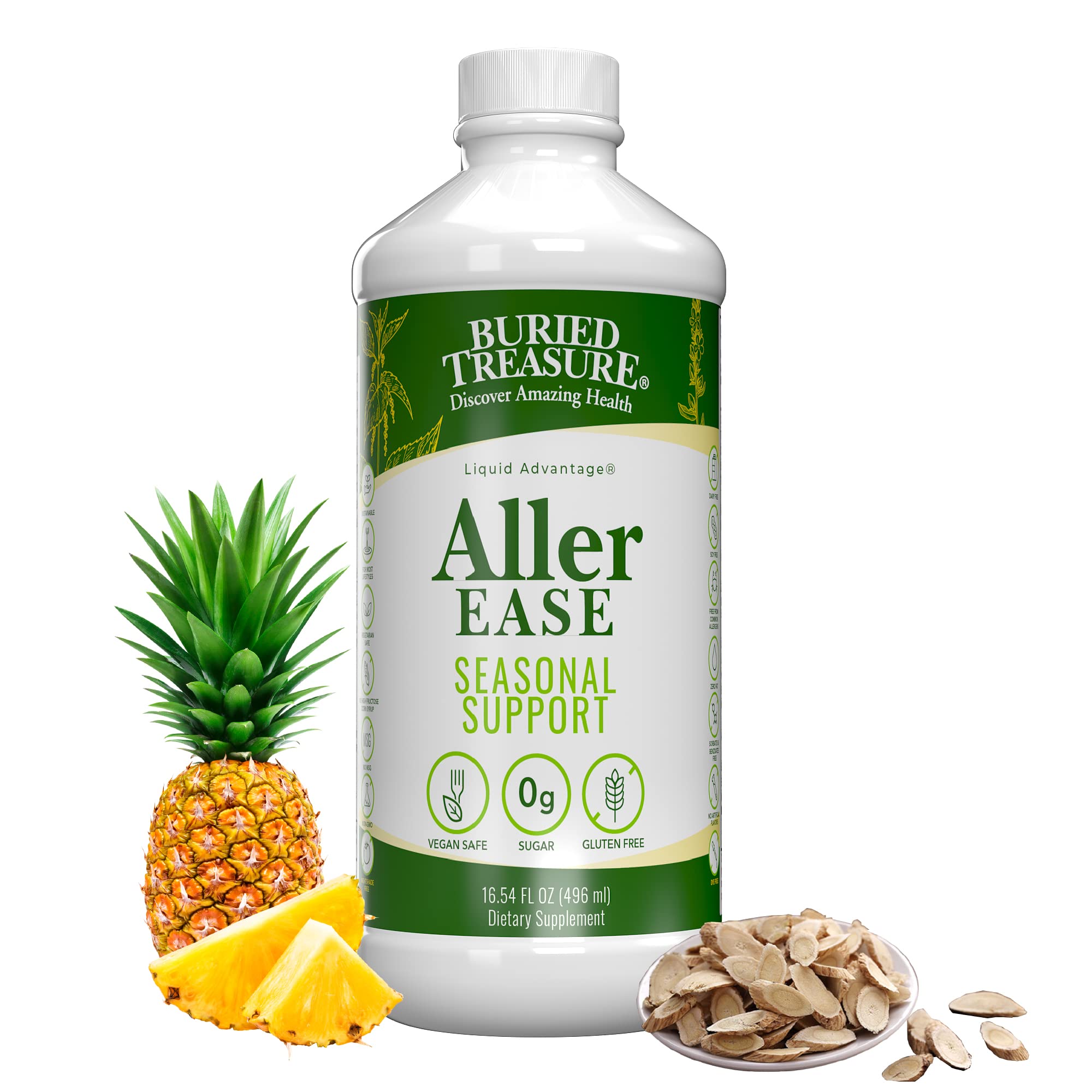 Buried Treasures Aller Ease - 16 fl oz. Liquid Supplement w/ Quercetin, Bromelain, Mullein, Supports Immune, Sinus Comfort, Non-Drowsy Herbal Formula Buried TreasureAu supplements