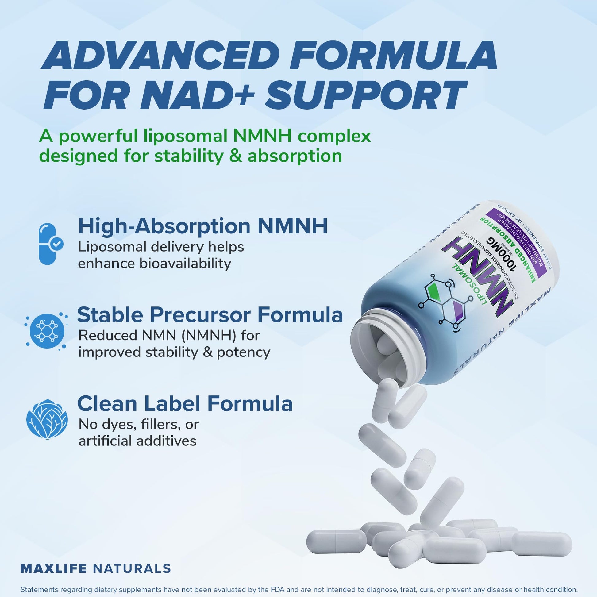 Liposomal NMNH 1000mg - 120 Capsules, Dihydronicotinamide Mononucleotide NAD+ Precursor - Ultra-Absorbable NAD Plus Complex, Liposomal NMN Supplements Capsules for Aging Support & Cellular Energy MAXLIFE NATURALSAu supplements