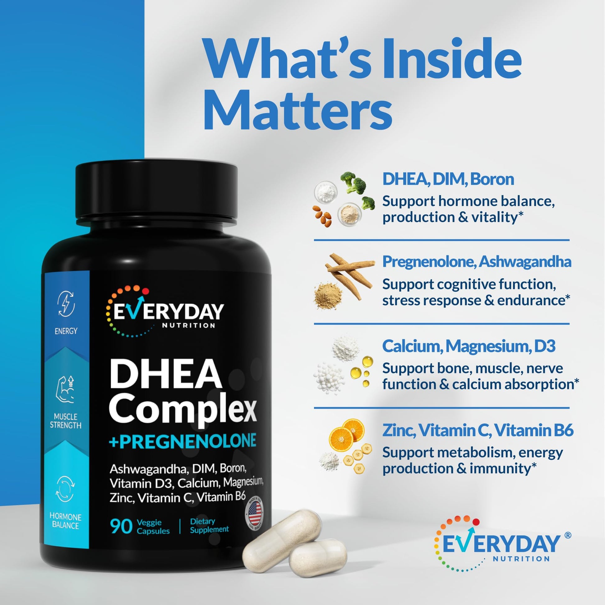 DHEA Micronized 200mg Complex with Pregnenolone 100mg Supplement for Men & Women with Ashwagandha, DIM, Magnesium, Boron, Calcium , Zinc, Vitamin D3, C and B6 Hormone Support - Made in USA 90 Capsules EVERYDAY NUTRITIONAu supplements