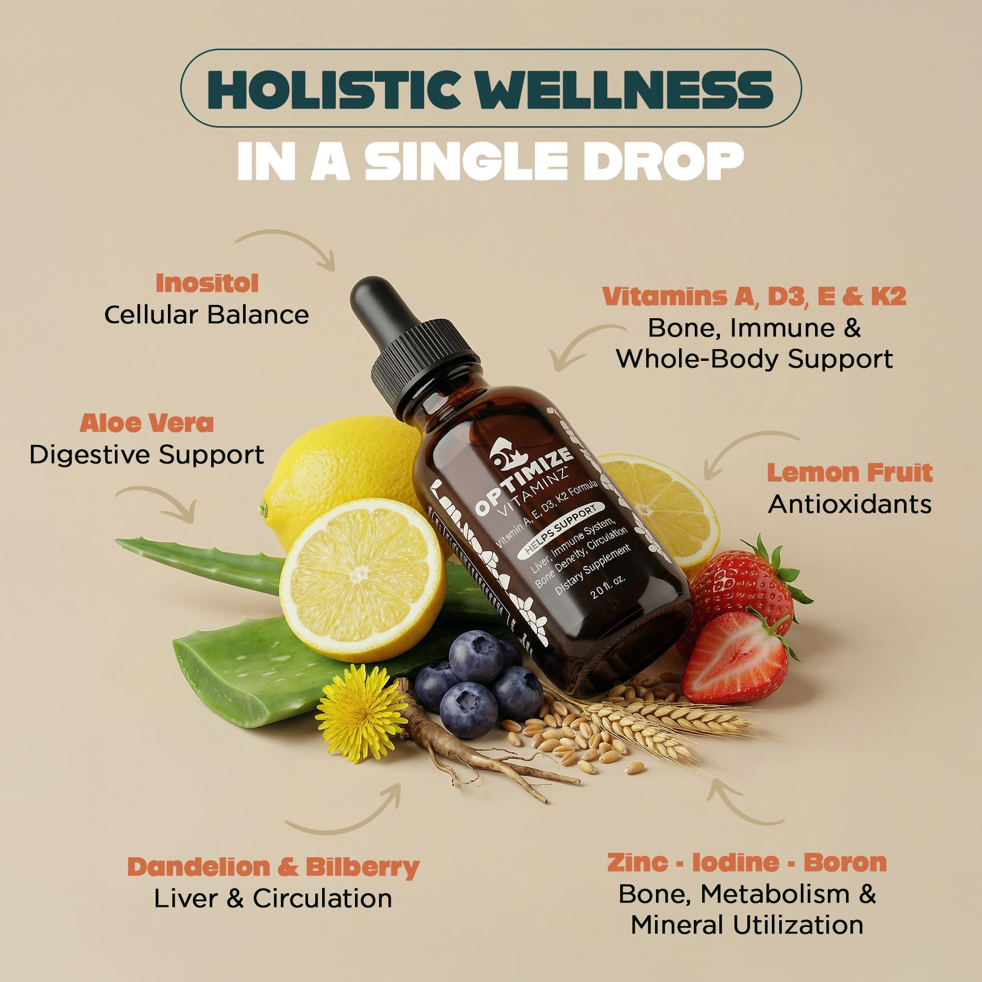 Optimize Vitaminz Liquid Vitamin D3 K2 Drops with Dandelion Root & Bilberry | Immune, Liver & Bone Support, MK-7 Formula, Fast Absorption Liquid Multivitamin, 30 Day Supply, 2 Fl Oz Optimize MineralsAu supplements